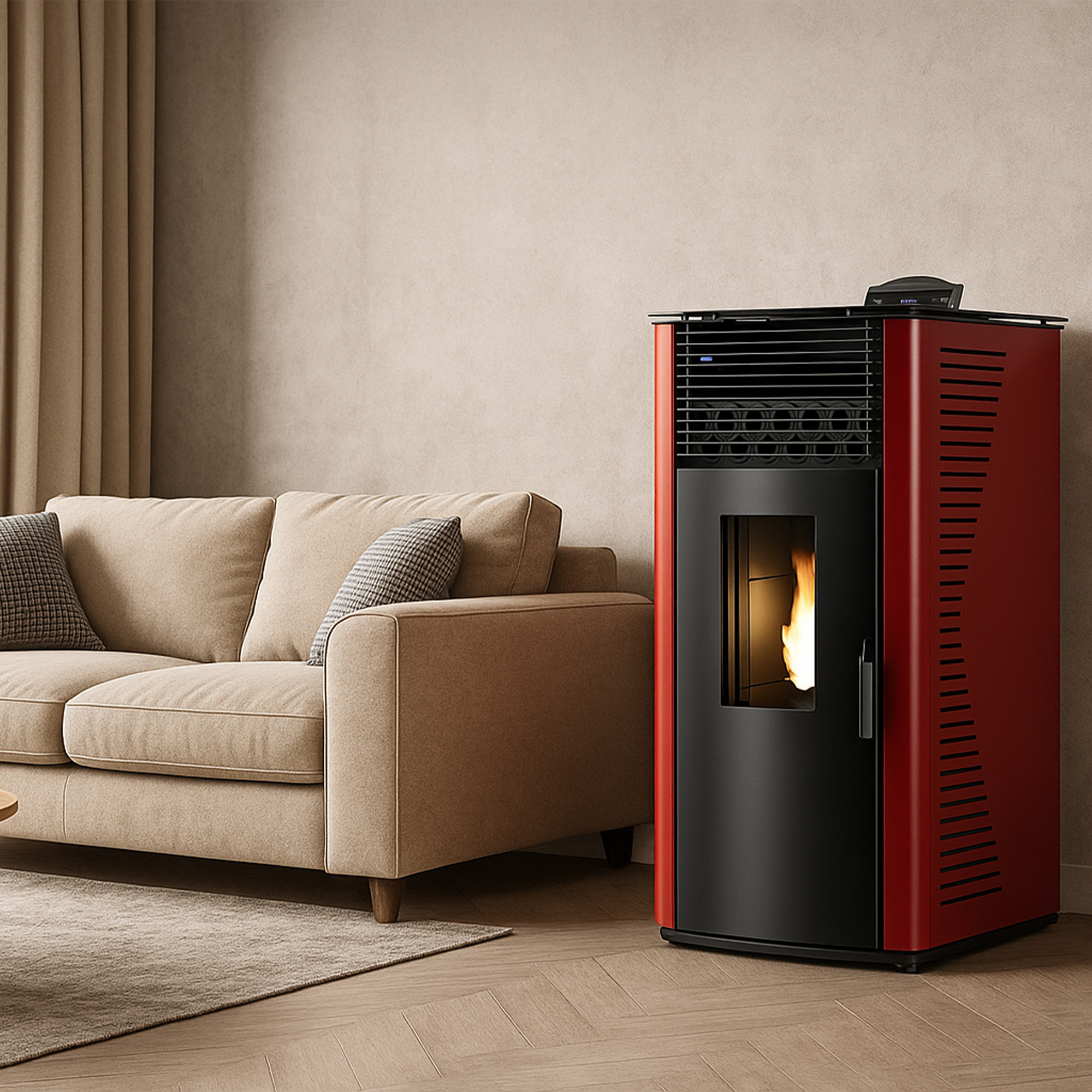 Ein roter und schwarzer Ofen mit Flamme davor, ein beiges Sofa und eine beige Wand sind im Bild zu sehen.
