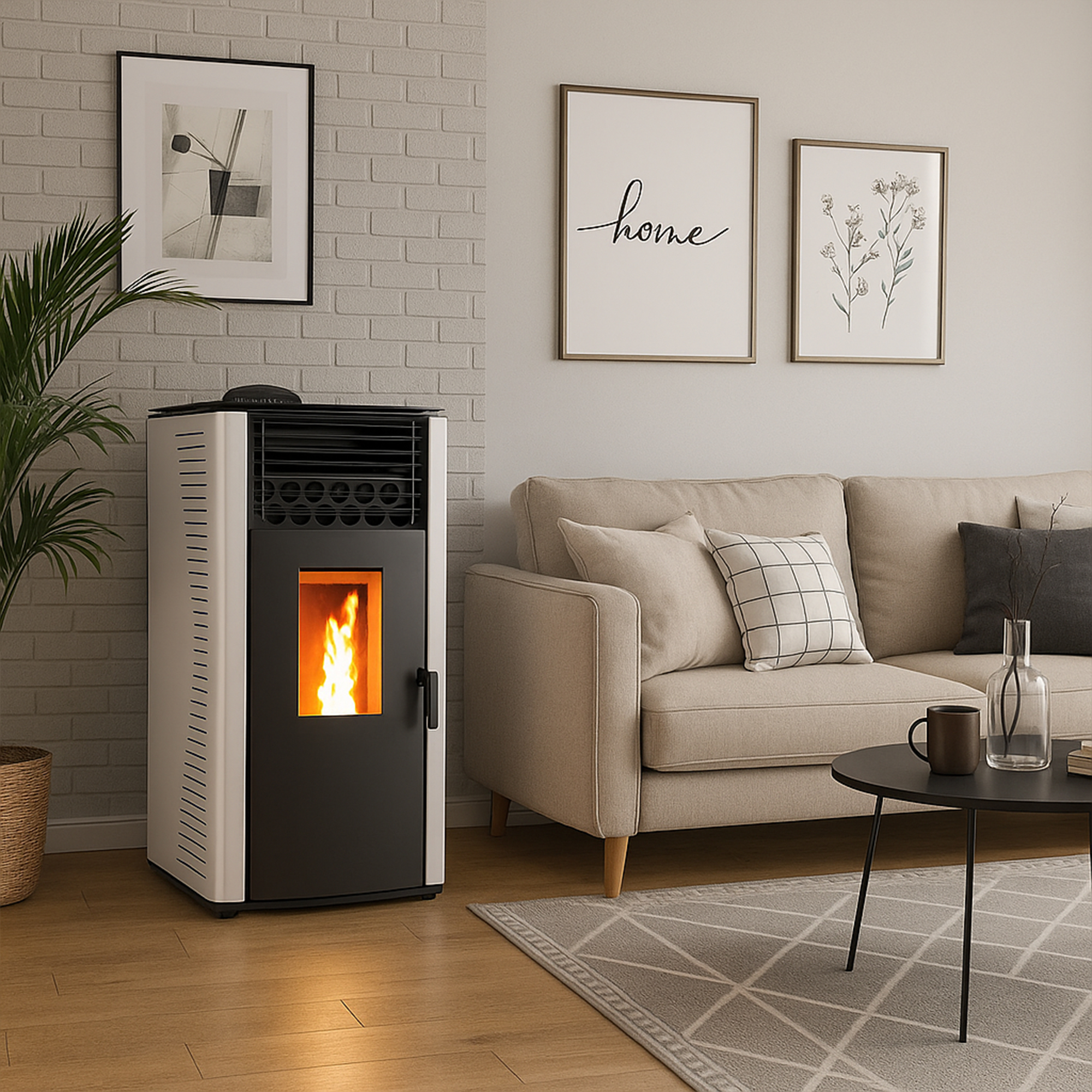 Un salón moderno con chimenea encendida, sofá, arte y una mesa de centro. La habitación es luminosa y acogedora.