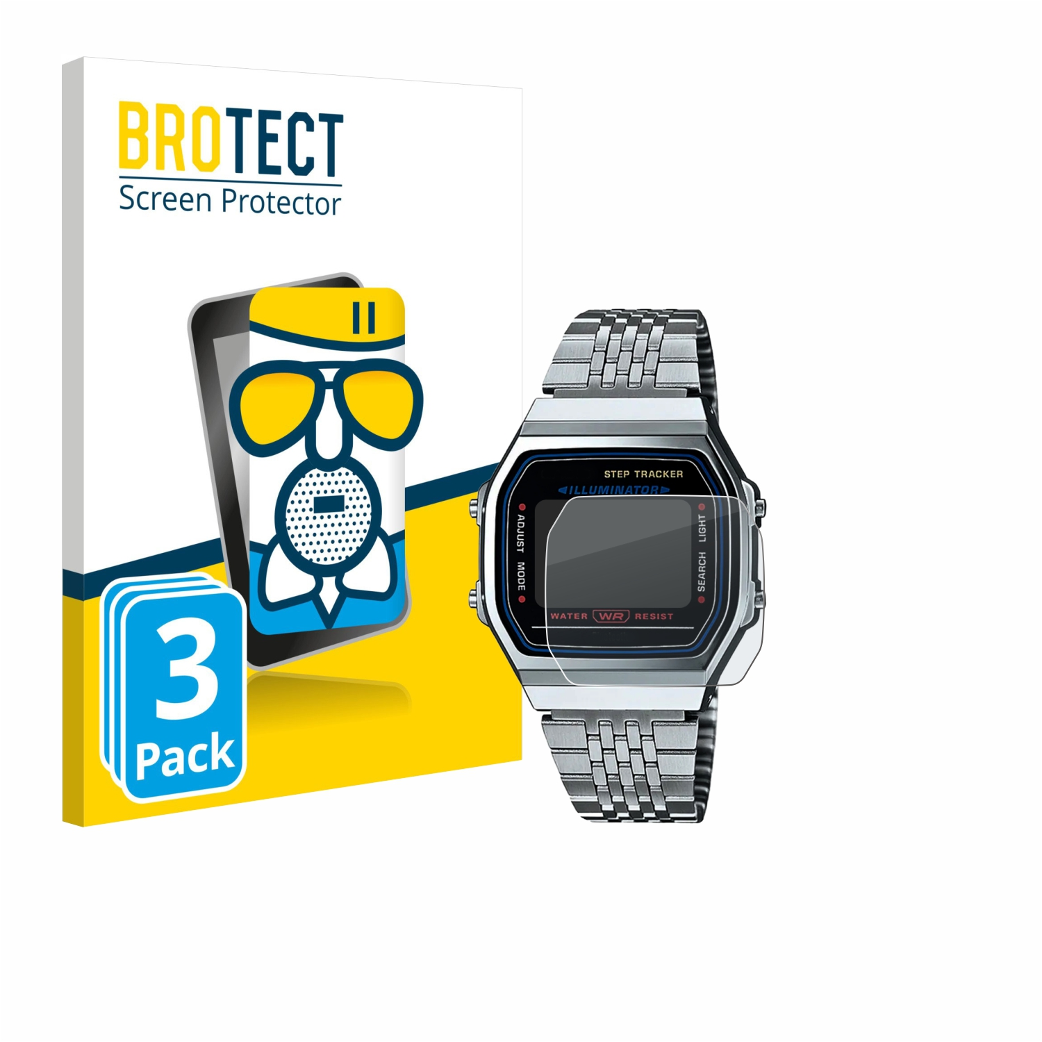 Eine Bildschirmschutzbox und eine Uhr. Die Box zeigt einen Bildschirmschutz, die Uhr ist silbern. Auf der Box steht '3 Pack' und 'BROTECT'.