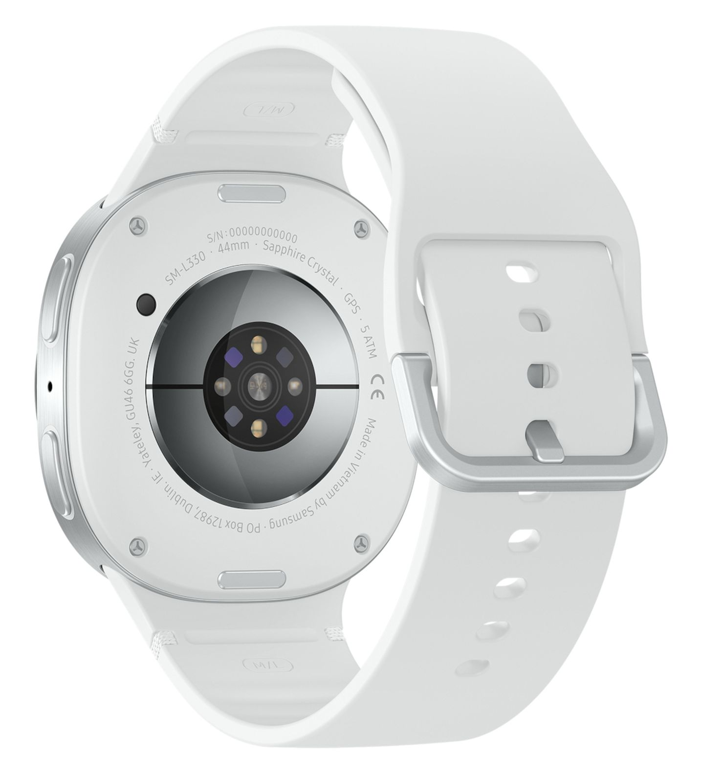 Biały smartwatch z białym paskiem. Tarcza zegarka jest srebrna z czarnymi detalami. Zegarek leży na białej powierzchni.