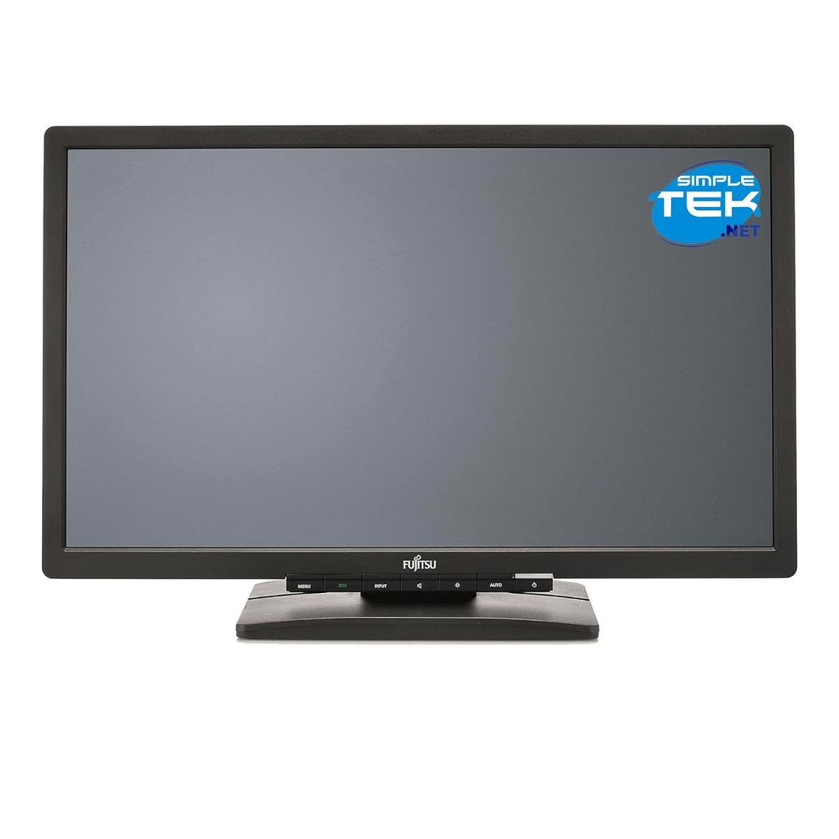 Un monitor Fujitsu. Ha una cornice e una base nere. Lo schermo è grigio. Il logo Simple Tek .net si trova in alto a destra.