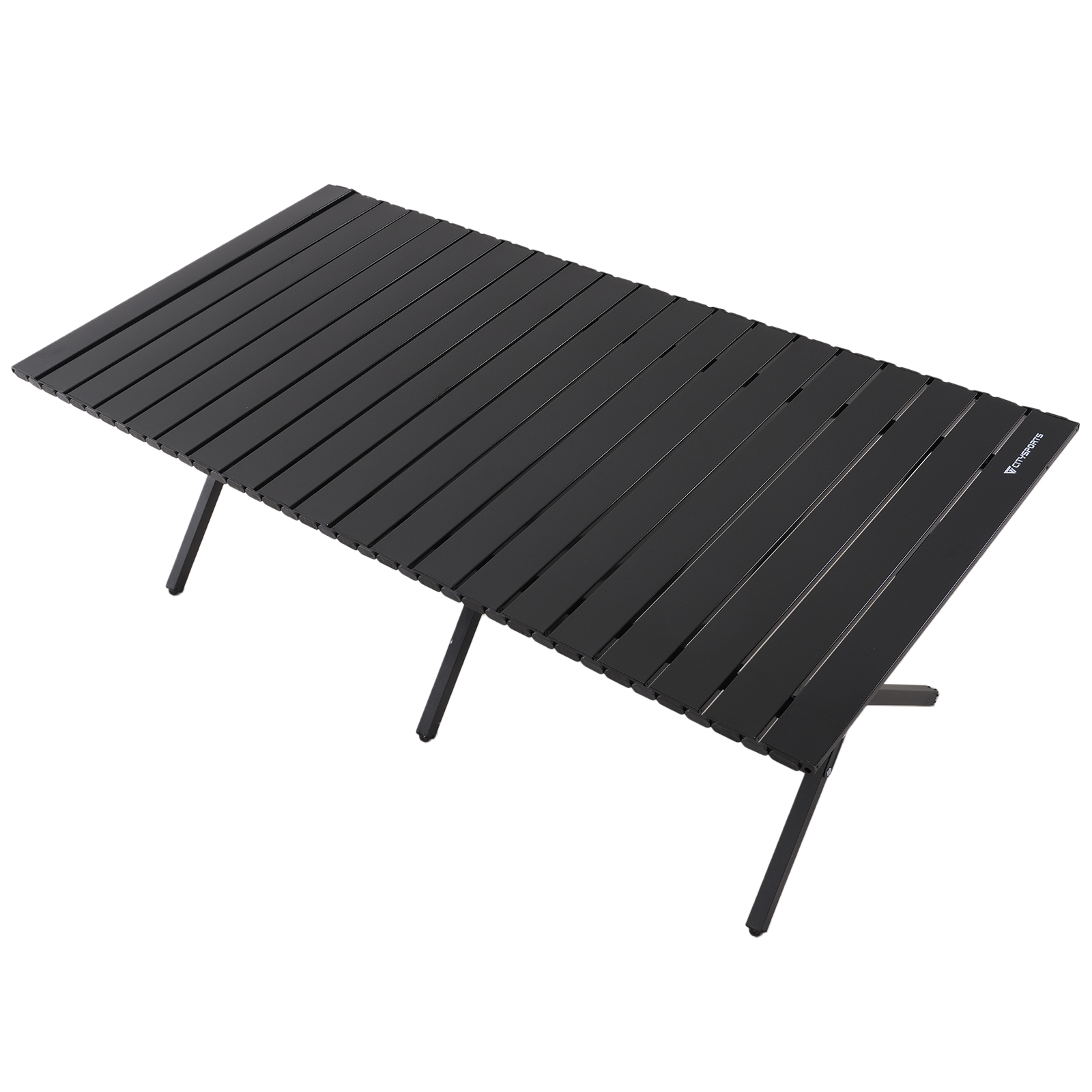 Czarny, składany stół kempingowy z listwą i czarnymi nogami, na białym tle.