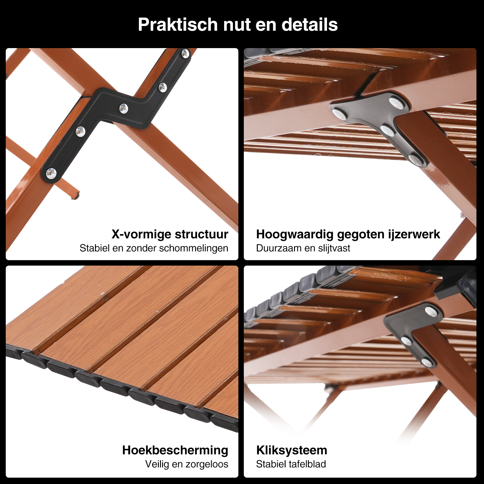 Vier detailopnamen van een klaptafel met het frame, het tafelblad en de hoekbescherming. Bruin en zwart zijn prominent aanwezig.