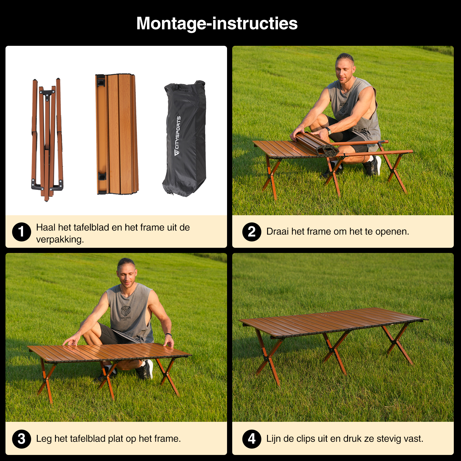 Montage-instructies voor een houten klaptafel. Stappen omvatten uitpakken, frame openen, tafelblad plaatsen en clips vastzetten.