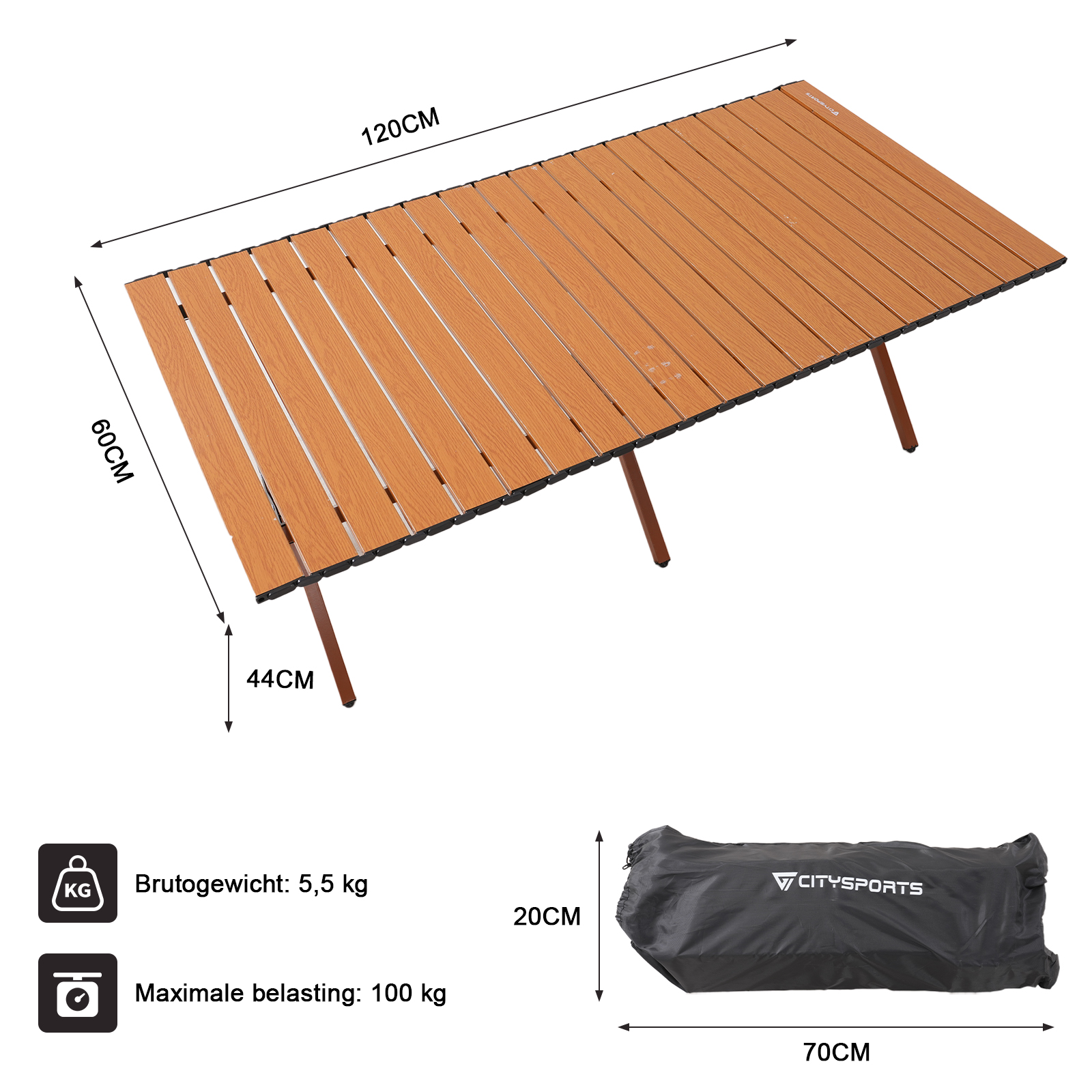 Houten campingtafel met afmetingen, zwarte draagtas met merknaam en gewichtsindicaties.