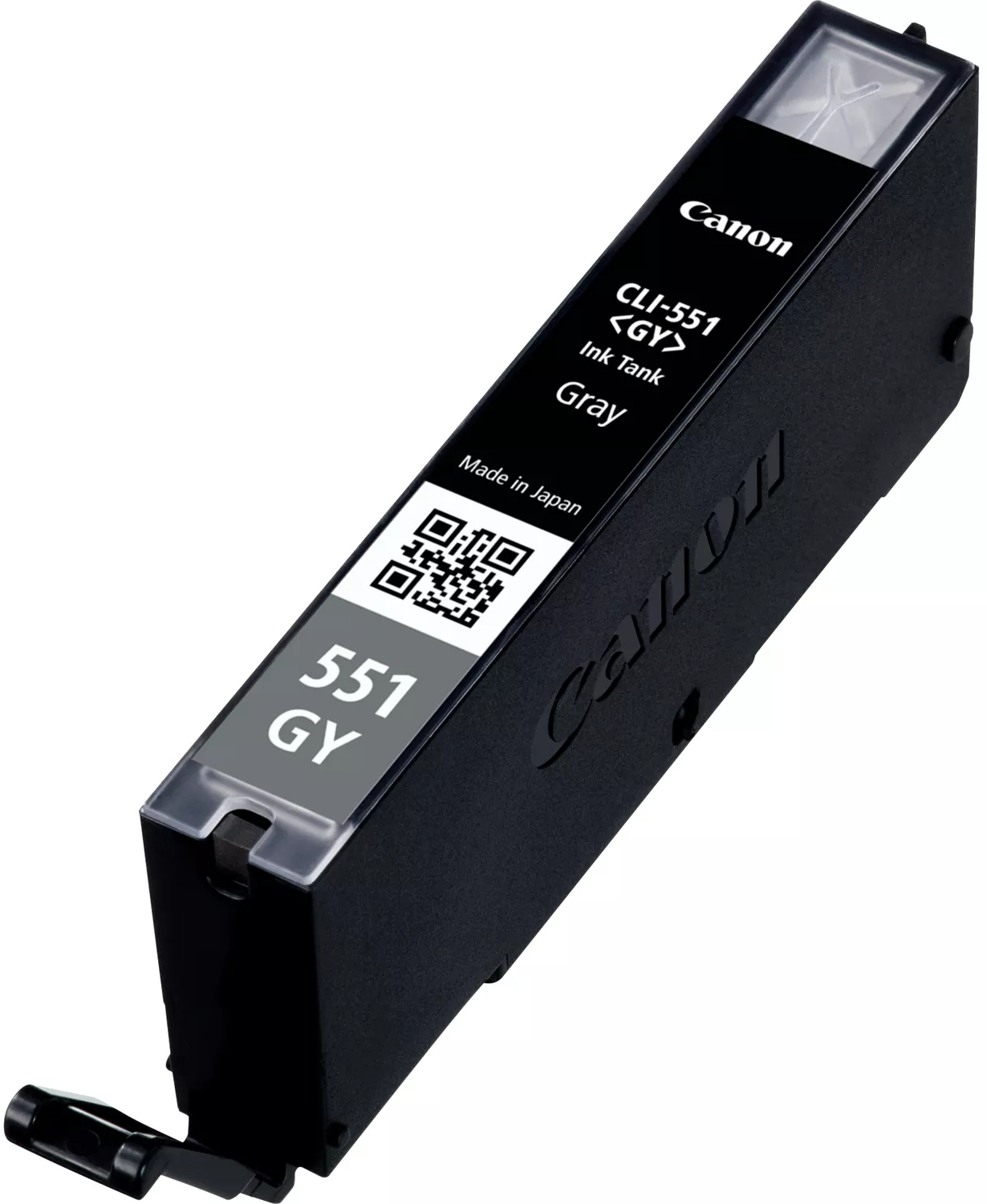 Canon CLI-551 GY inktcartridge. Zwarte plastic behuizing met grijs label. Teksten: '551 GY', 'Ink Tank Gray' en 'Made in Japan'.