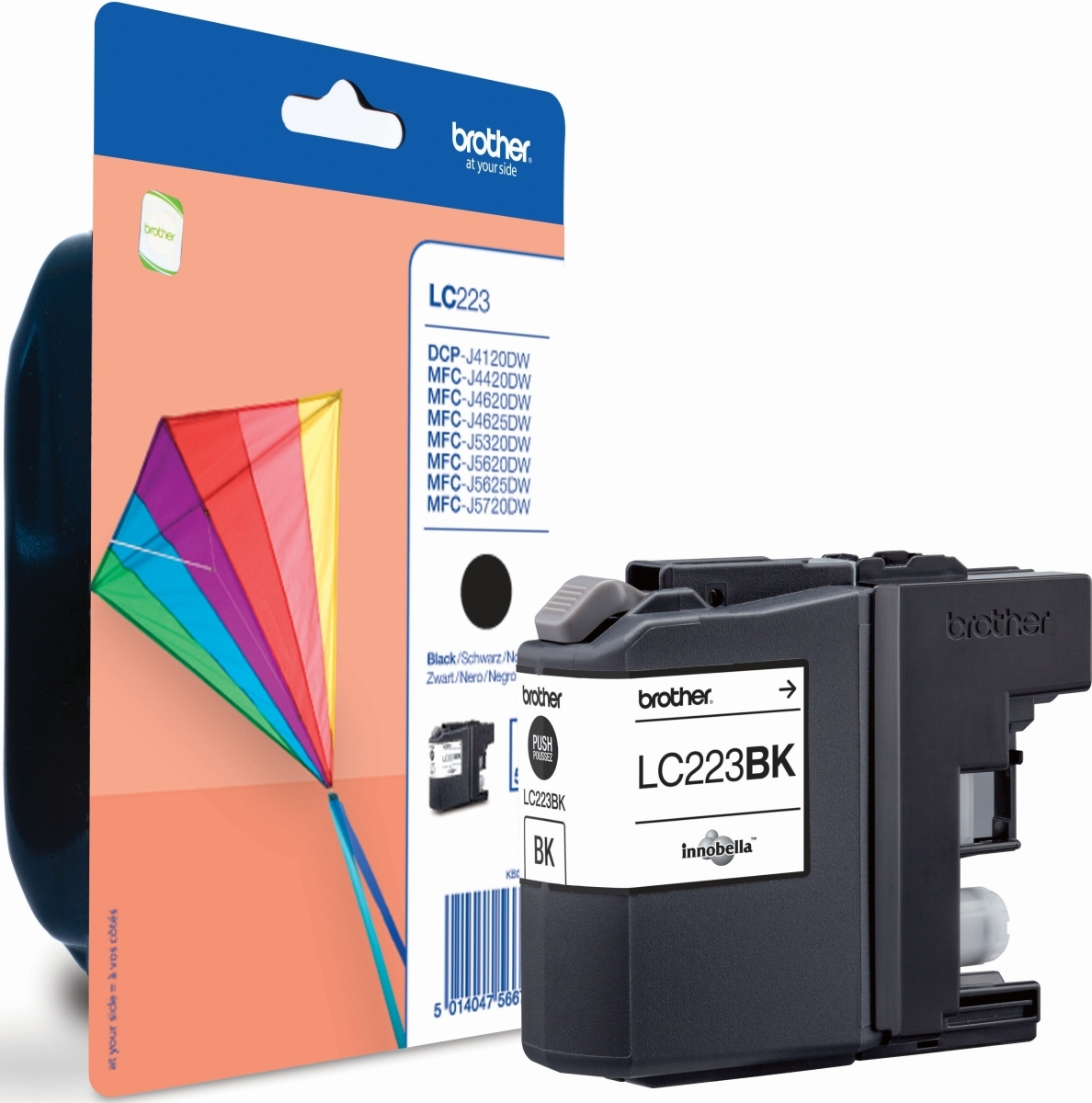 Brother LC223BK ink cartridge with packaging featuring a colorful kite illustration, black ink cartridge and product information.