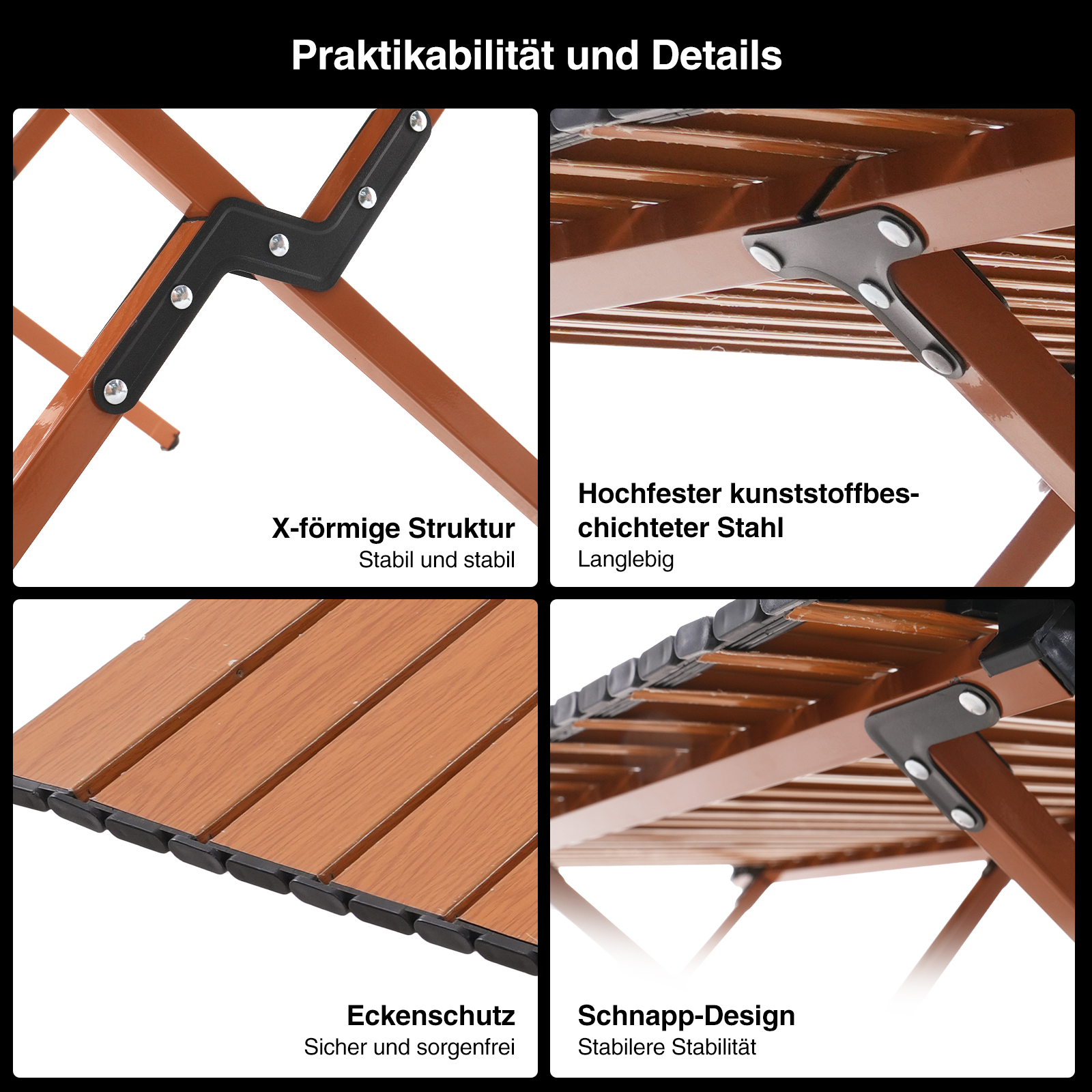 Das Bild zeigt Nahaufnahmen eines braunen Klapptisches. Details umfassen X-förmige Struktur, Eckenschutz und Schnappdesign.