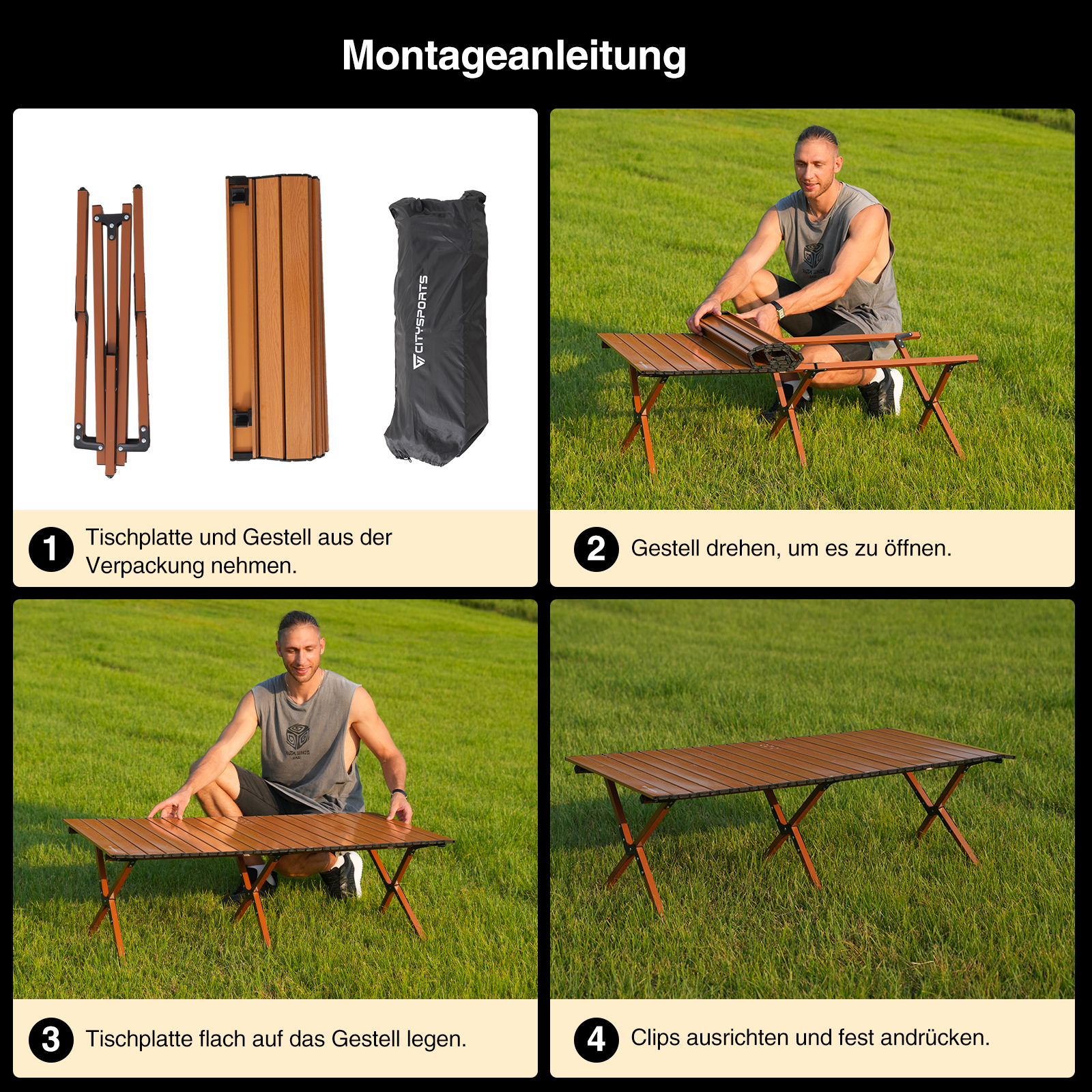 Anleitung zum Aufbau eines Klapptisches. Ein Mann montiert den Tisch auf Gras. Teile sind oben links abgebildet.
