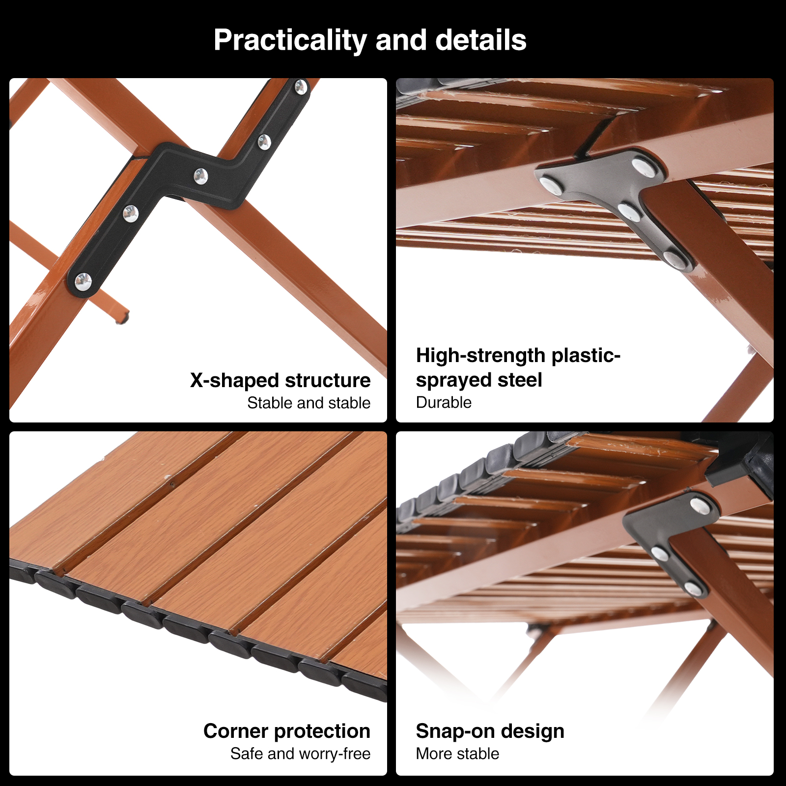 Details of a foldable table with X-shaped structure, wood-like surface, and metal frame, showing construction details.