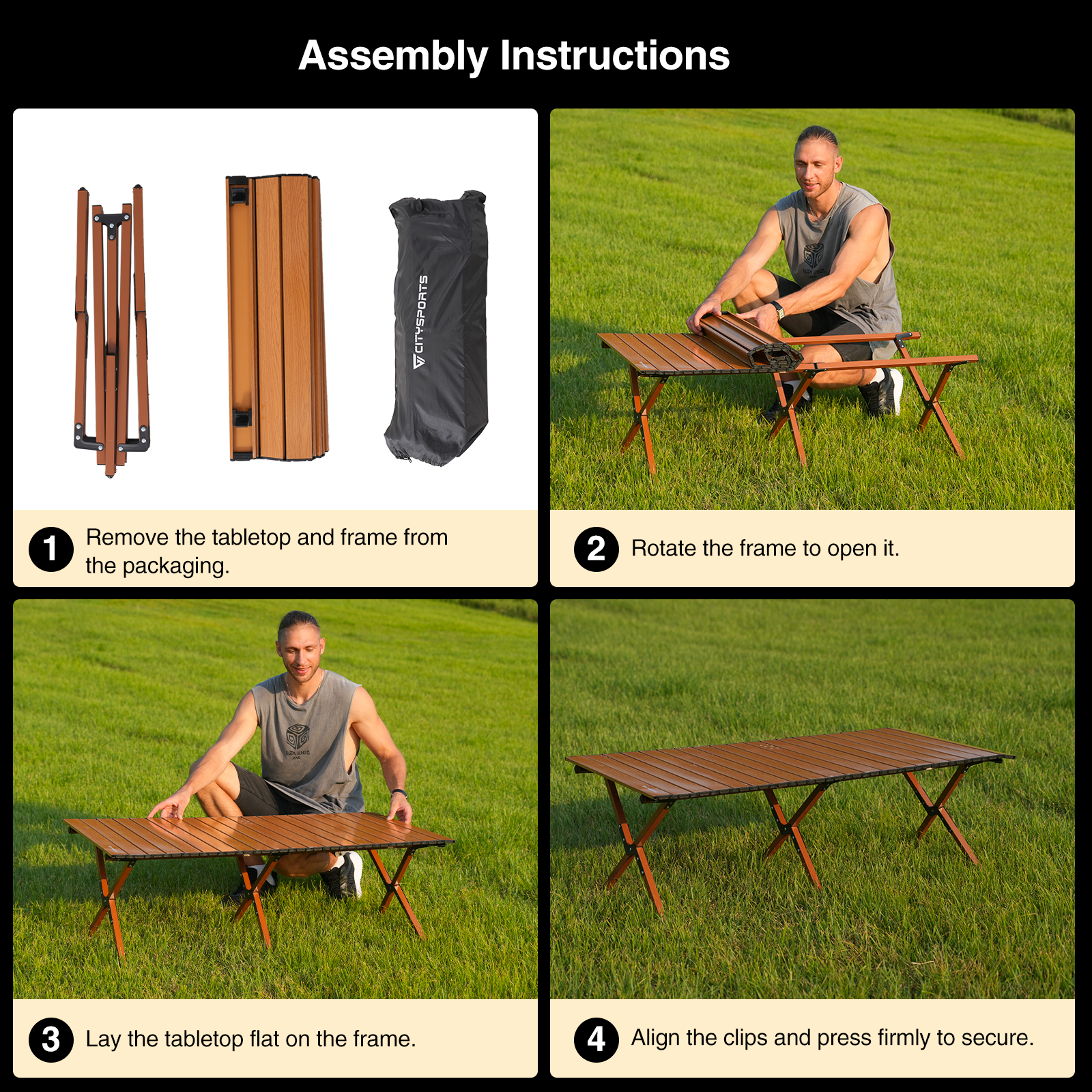 Instructions for assembling a camping table. Steps are shown with a man assembling it on grass. Parts and bag are also shown.