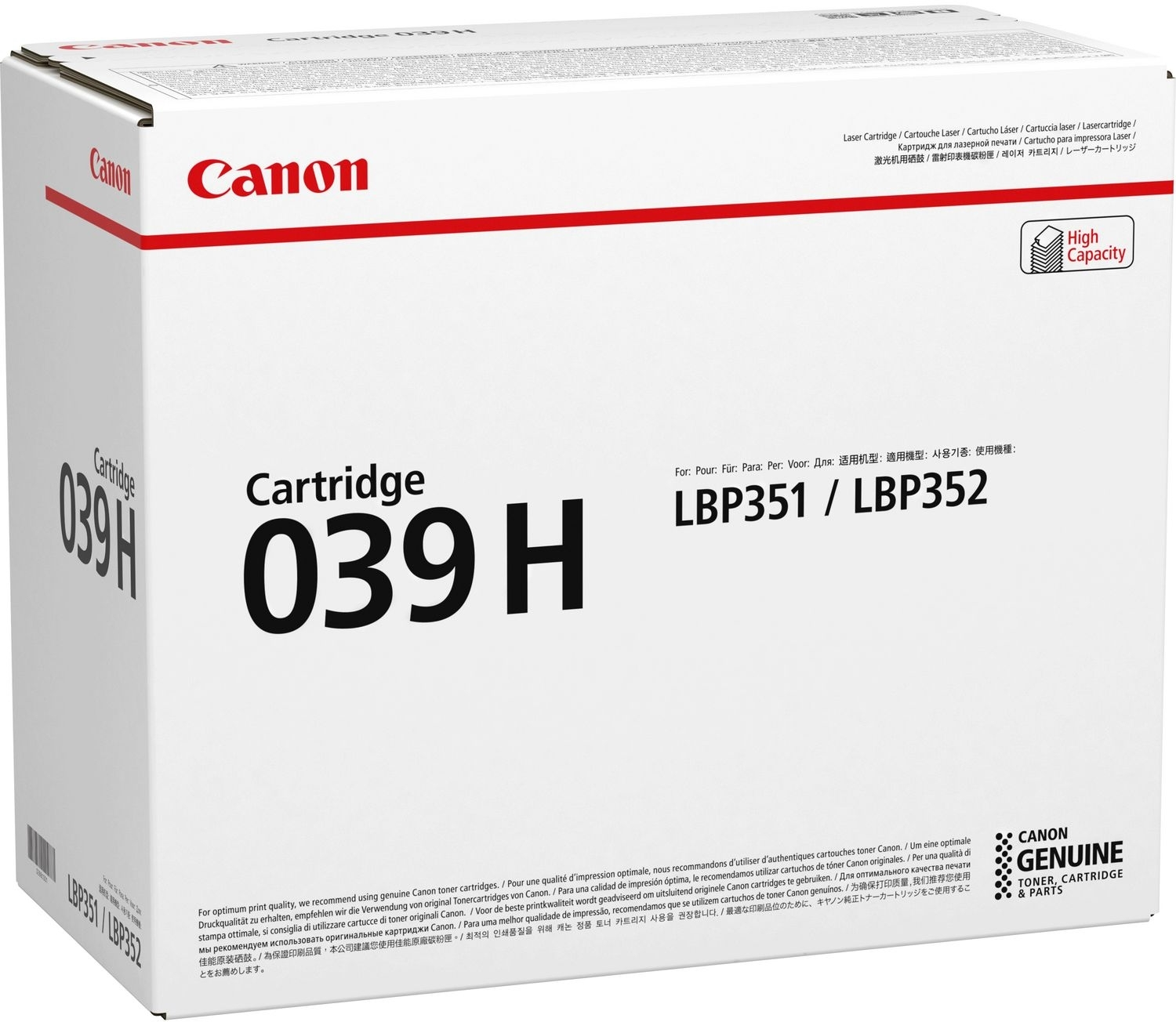 Pudełko z wkładem Canon. Tekst 'Cartridge 039H' i 'LBP351/LBP352'. Białe pudełko z czerwonymi akcentami i marką.