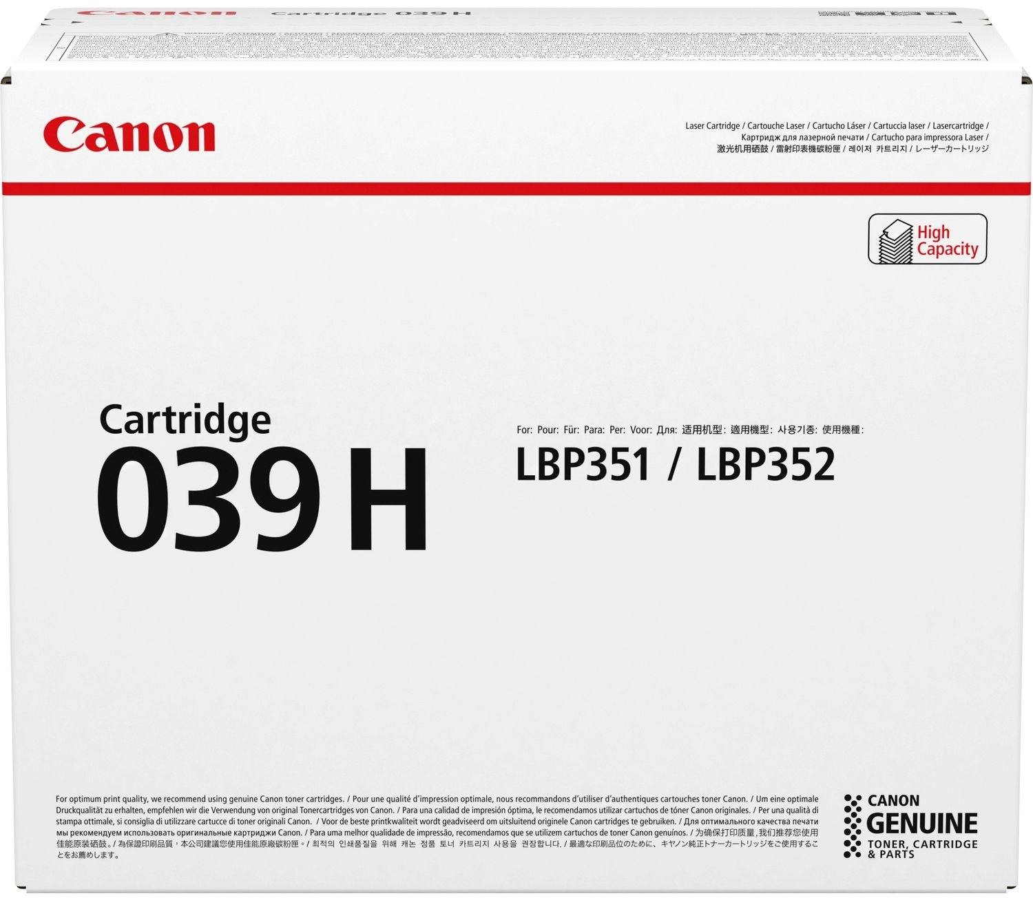 Pudełko z wkładem Canon. Tekst na nim to 'Cartridge 039 H' i 'LBP351/LBP352', z logo Canon u góry.