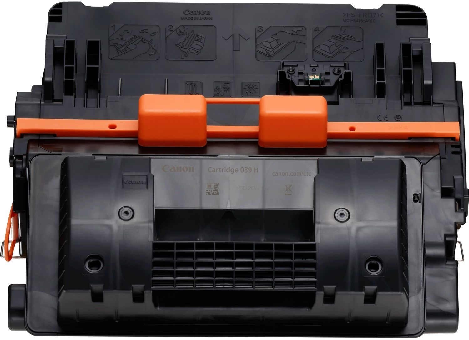 Wkład do drukarki Canon, czarny i pomarańczowy. Ma numer modelu 039 H i napis Made in Japan.