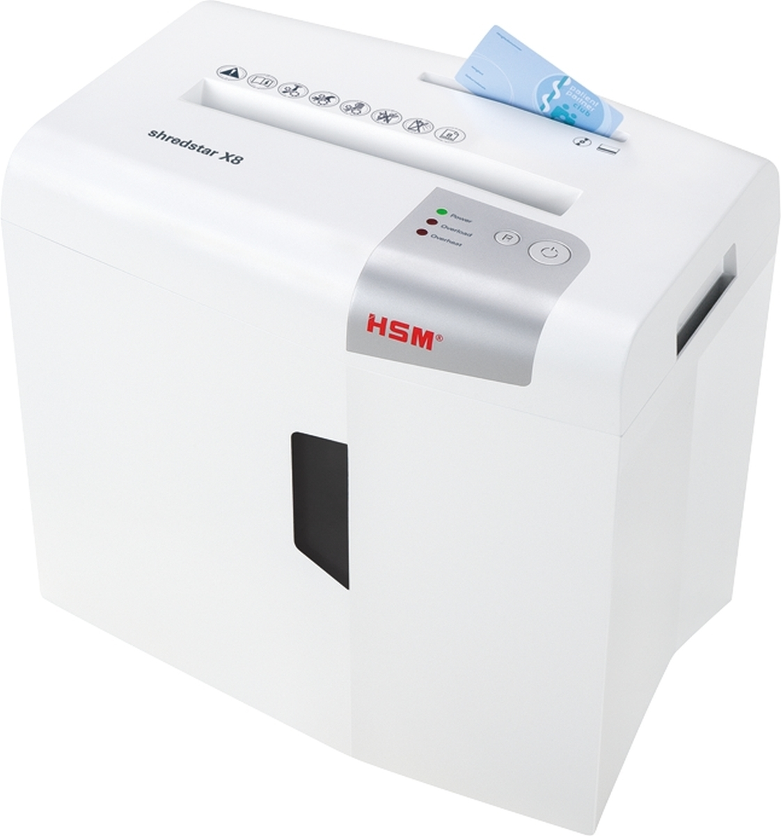Biała niszczarka do papieru z wkładanym niebieskim papierem. Ma panel sterowania i markę 'HSM'.