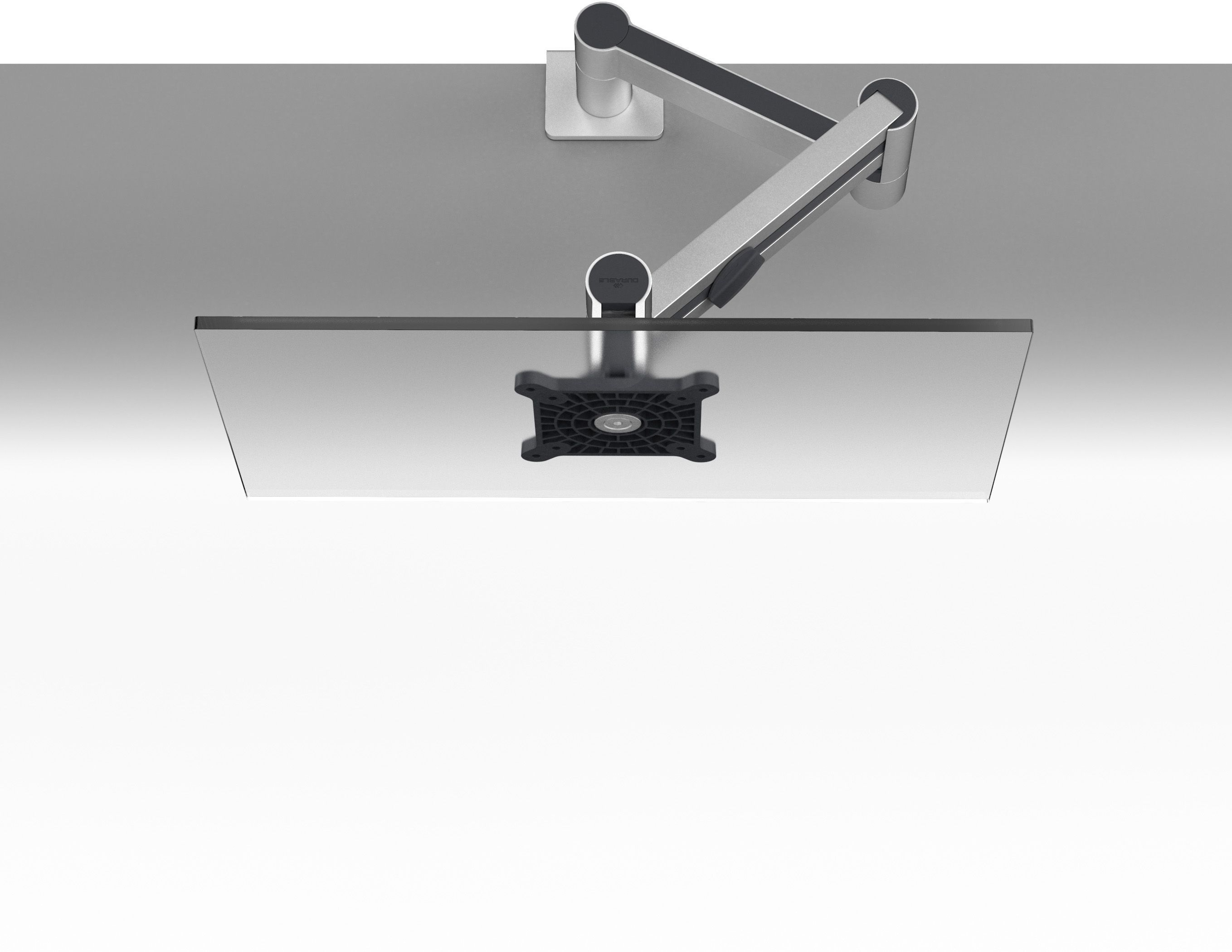 Draufsicht auf einen Monitor, der an einem silbernen Arm befestigt ist. Der Monitor ist rechteckig mit schwarzem Rand.