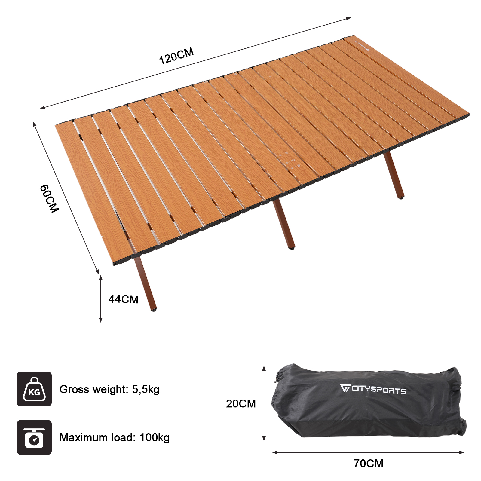 A brown wooden table with black edges. Dimensions are shown. A black carrying bag is at the bottom.