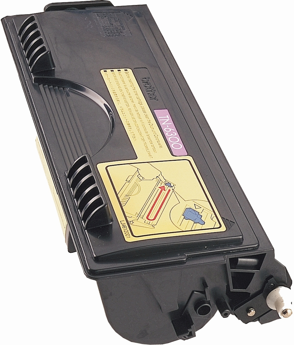 A black Brother TN-6300 toner cartridge. It has a label with instructions and text in multiple languages.