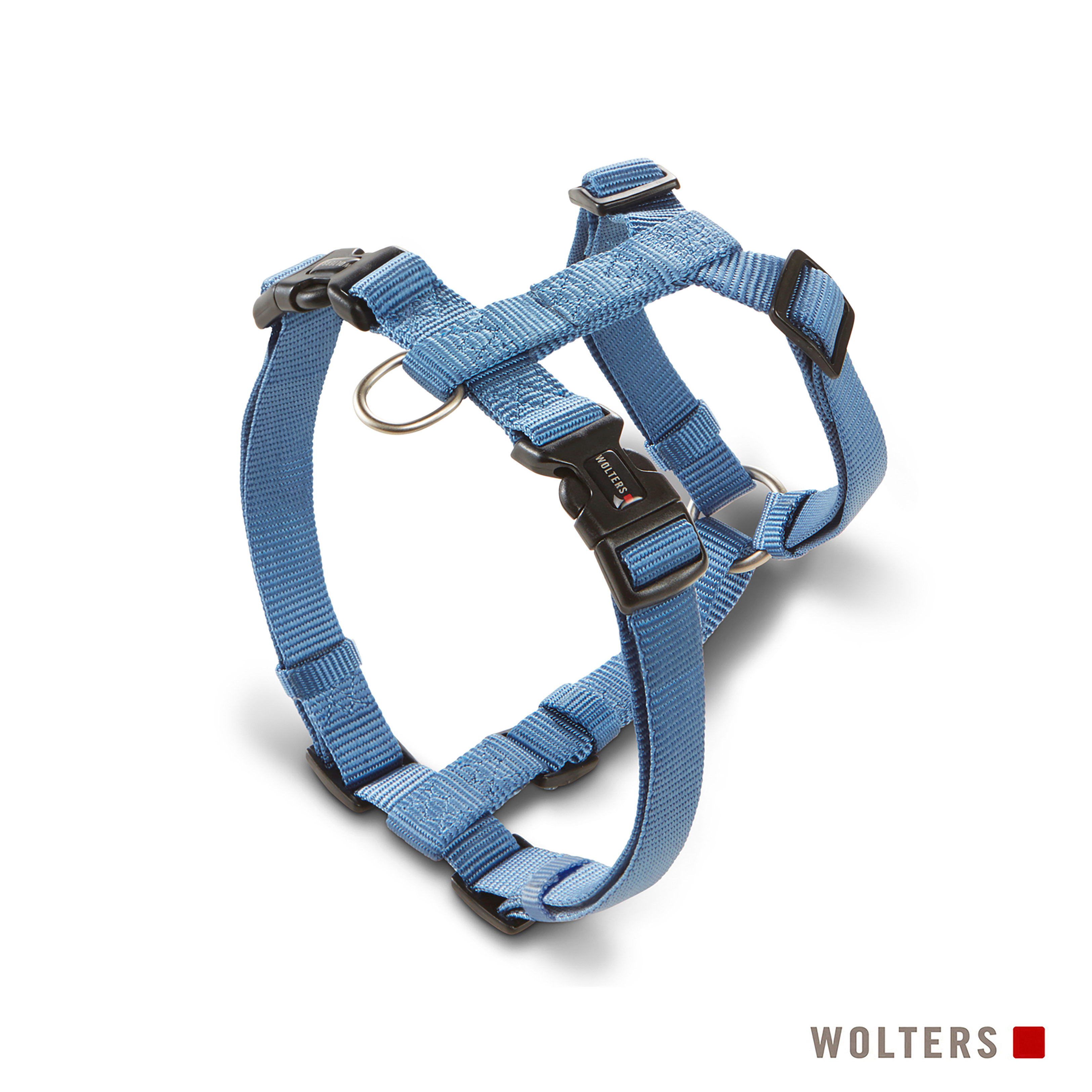 Ein blauer Hunde-Geschirr mit schwarzen Schnallen und einem Metallring. Auf weißem Hintergrund. Der Markenname ist sichtbar.
