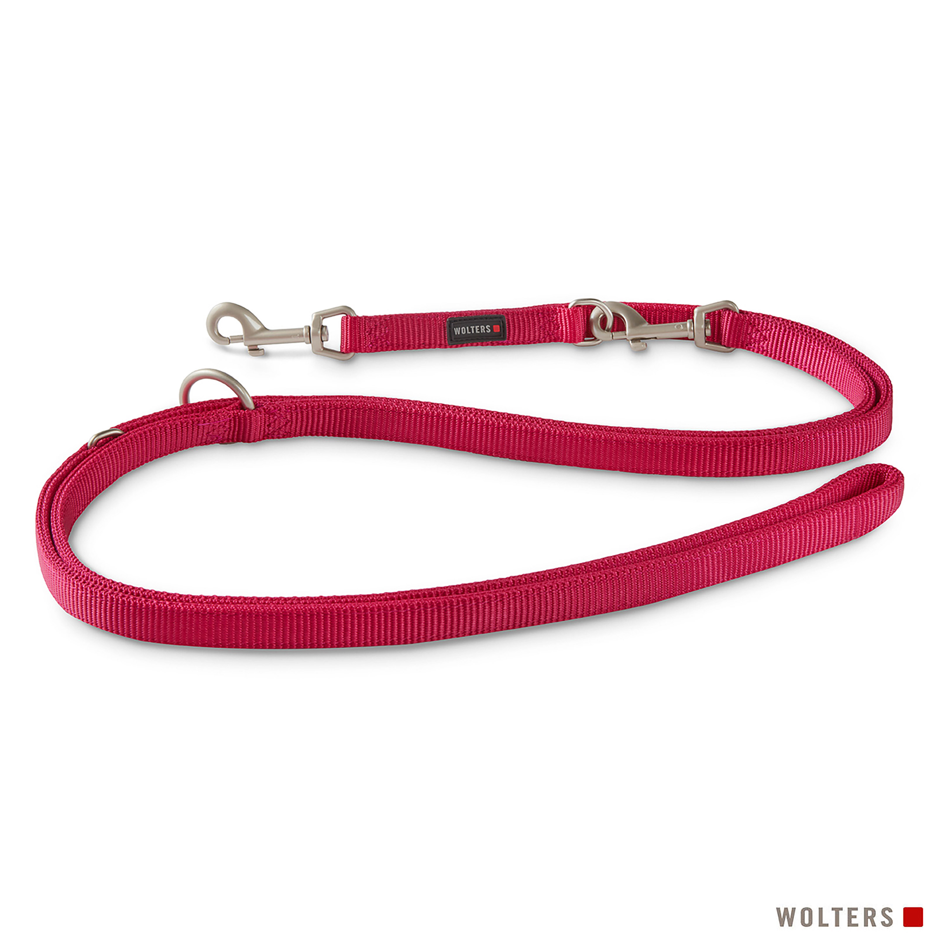 Eine rote Hundeleine mit zwei Metallverschlüssen, einem Griff und dem Markennamen 'WOLTERS'.