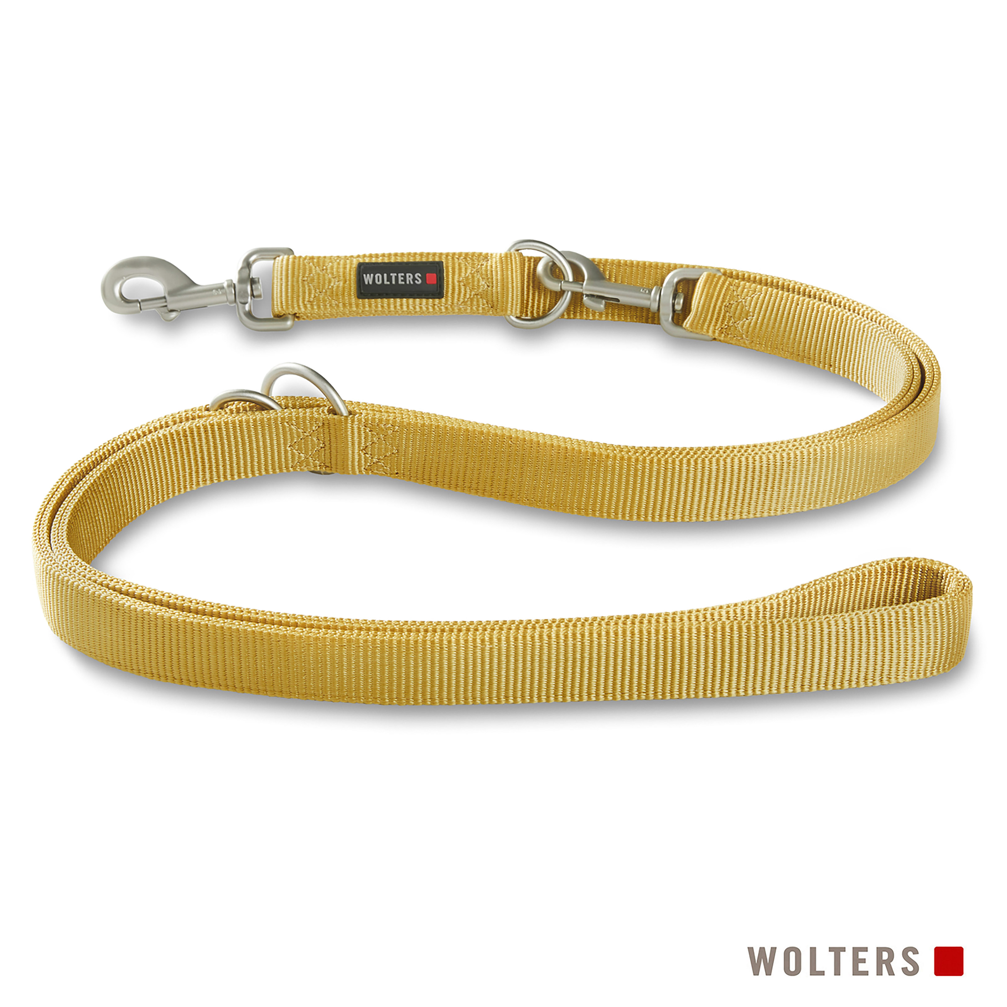 Eine gelbe Hundeleine mit Metallverschlüssen und Ringen. Die Marke Wolters ist sichtbar.