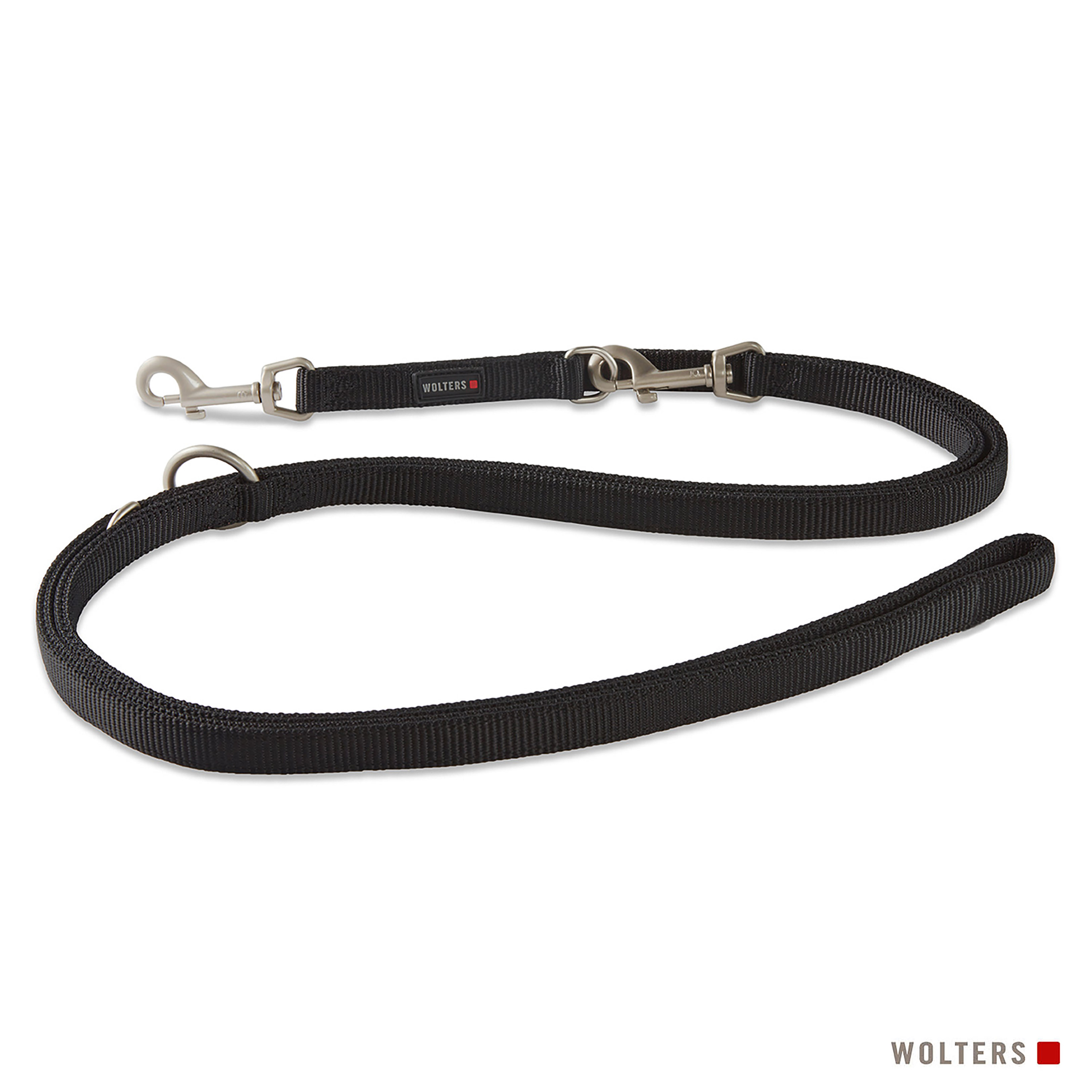 Eine schwarze Hundeleine mit zwei Metallclips und einem Griff, Markenname 'Wolters' sichtbar.