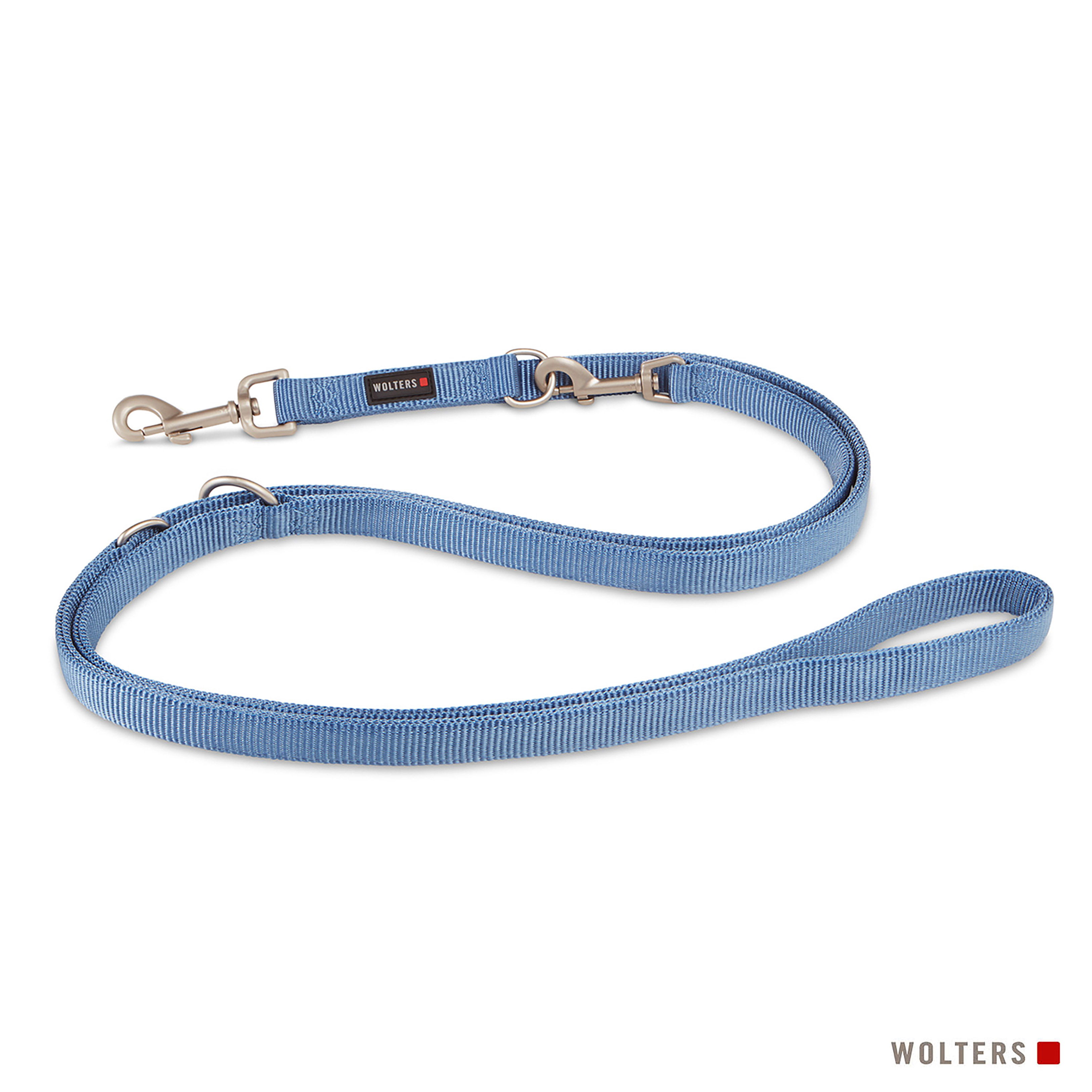 Hellblaue Hundeleine mit zwei Clips und einem Griff. Der Markenname 'WOLTERS' ist sichtbar.