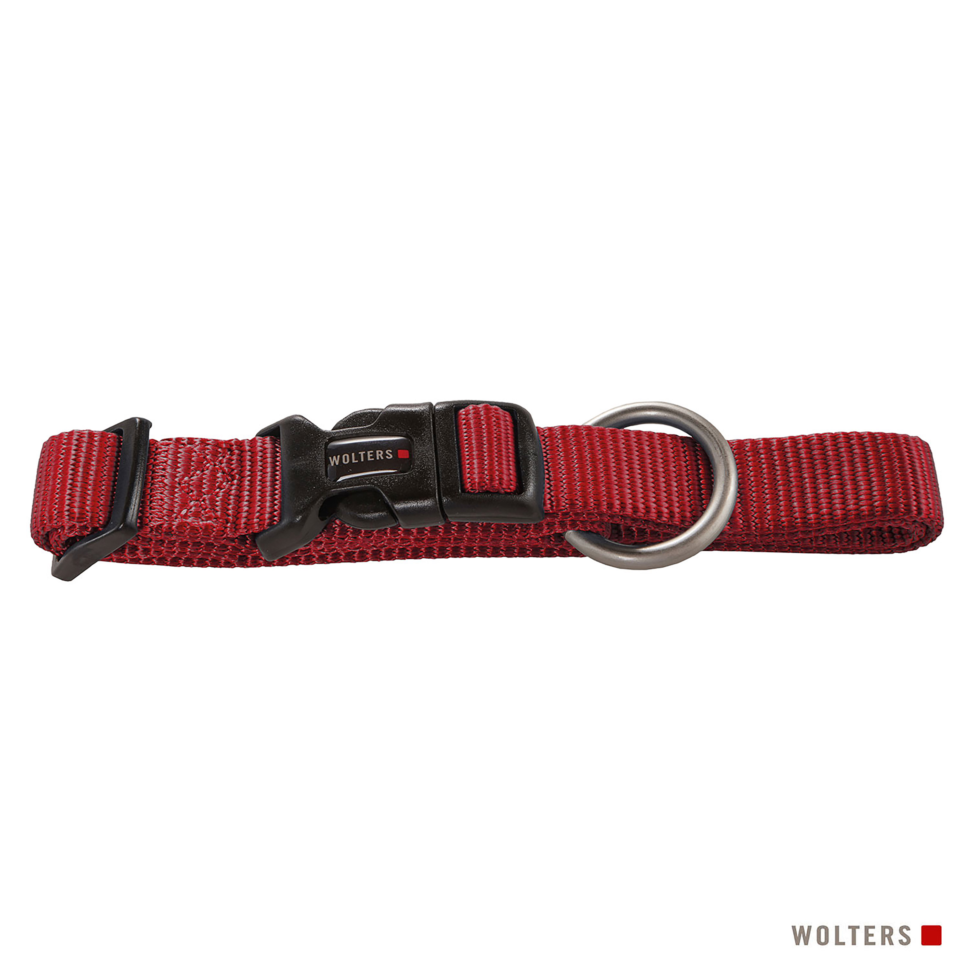 Rotes Hundehalsband mit schwarzer Schnalle und Metallring. Markenname WOLTERS auf der Schnalle.