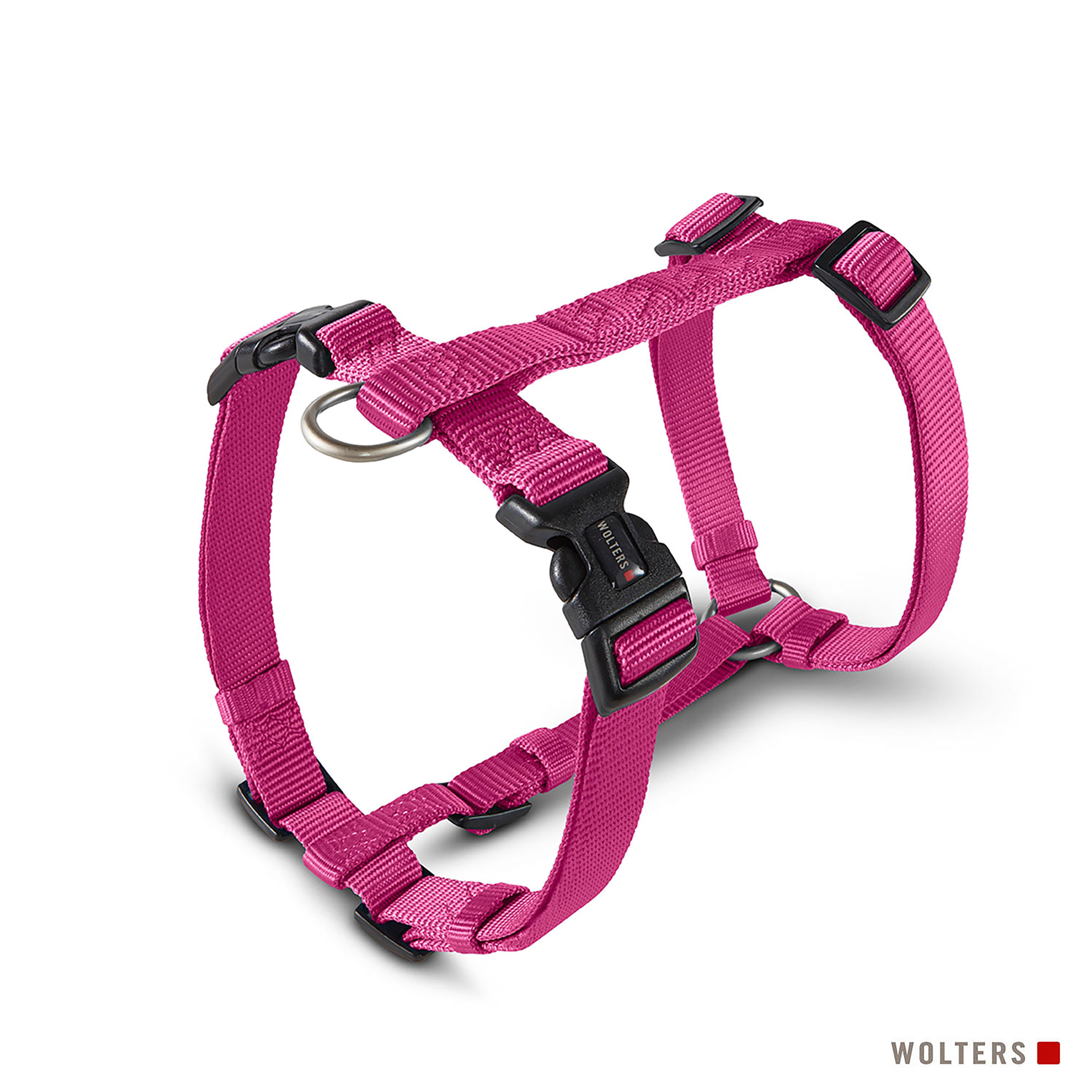 Ein pinkfarbenes Hundegeschirr mit schwarzen Schnallen und einem Metallring. Der Markenname 'WOLTERS'.