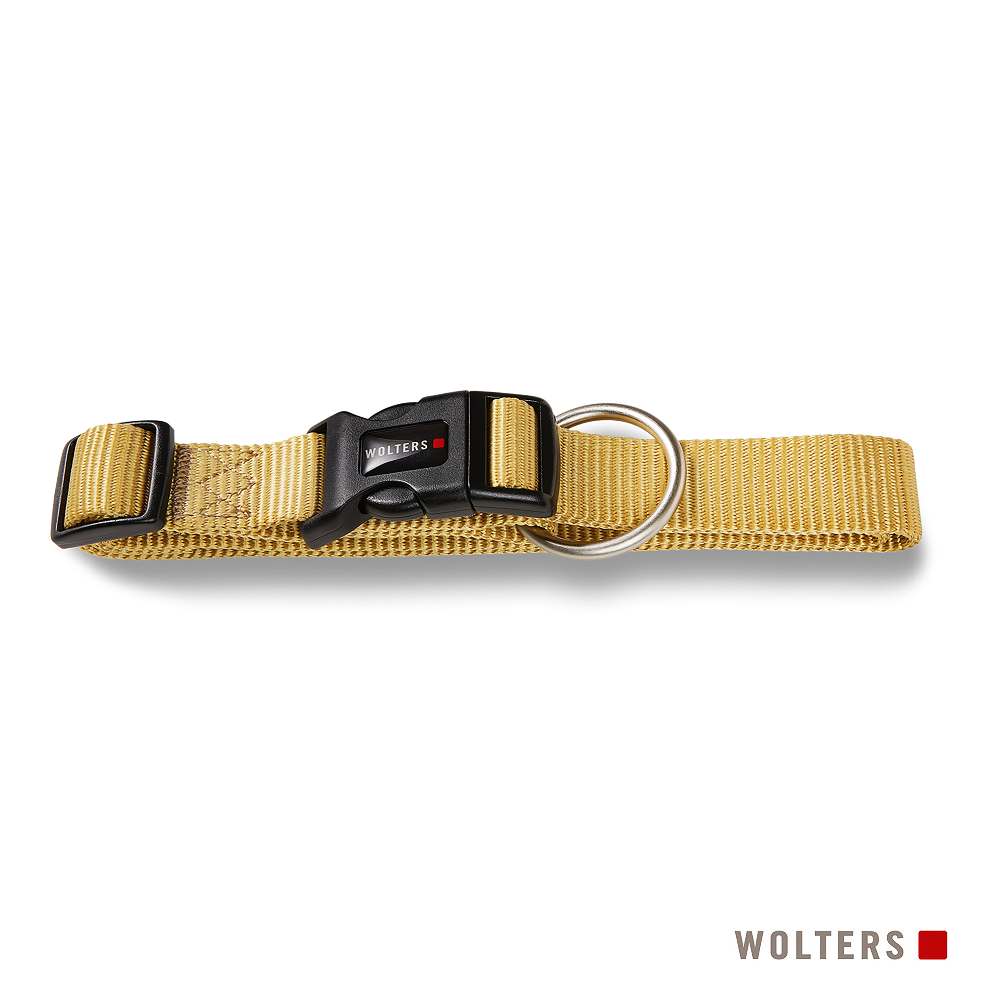 Halsband in Tan mit schwarzen Schnallen und einem silbernen Ring. Der Markenname ist auf dem Kragen zu sehen.