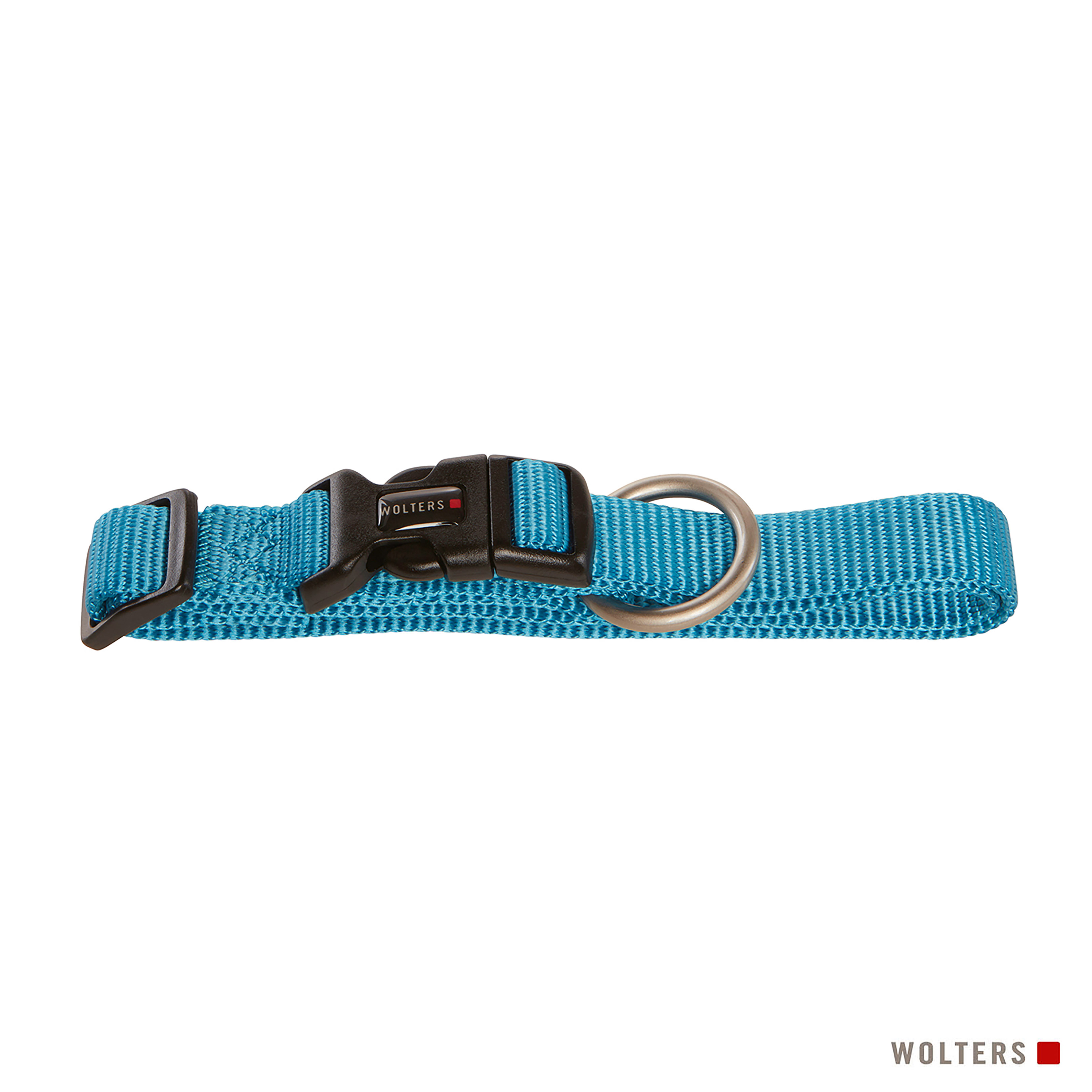 Ein blaues Hundehalsband mit schwarzer Schnalle und Metallring. Der Markenname 'Wolters' ist sichtbar.