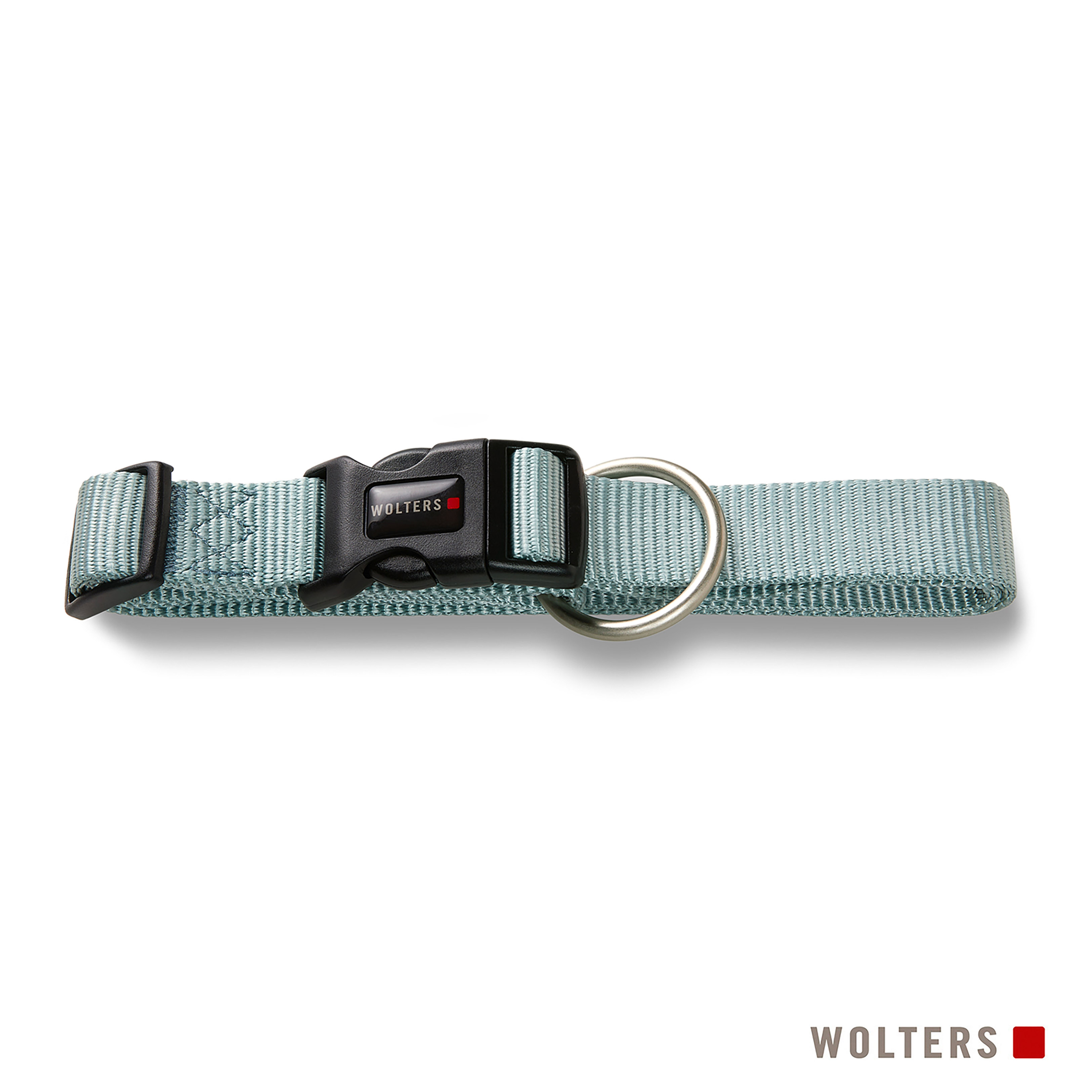 Ein hellgrünes Hundehalsband mit schwarzer Schnalle und silbernem Ring. Die Marke ist WOLTERS.