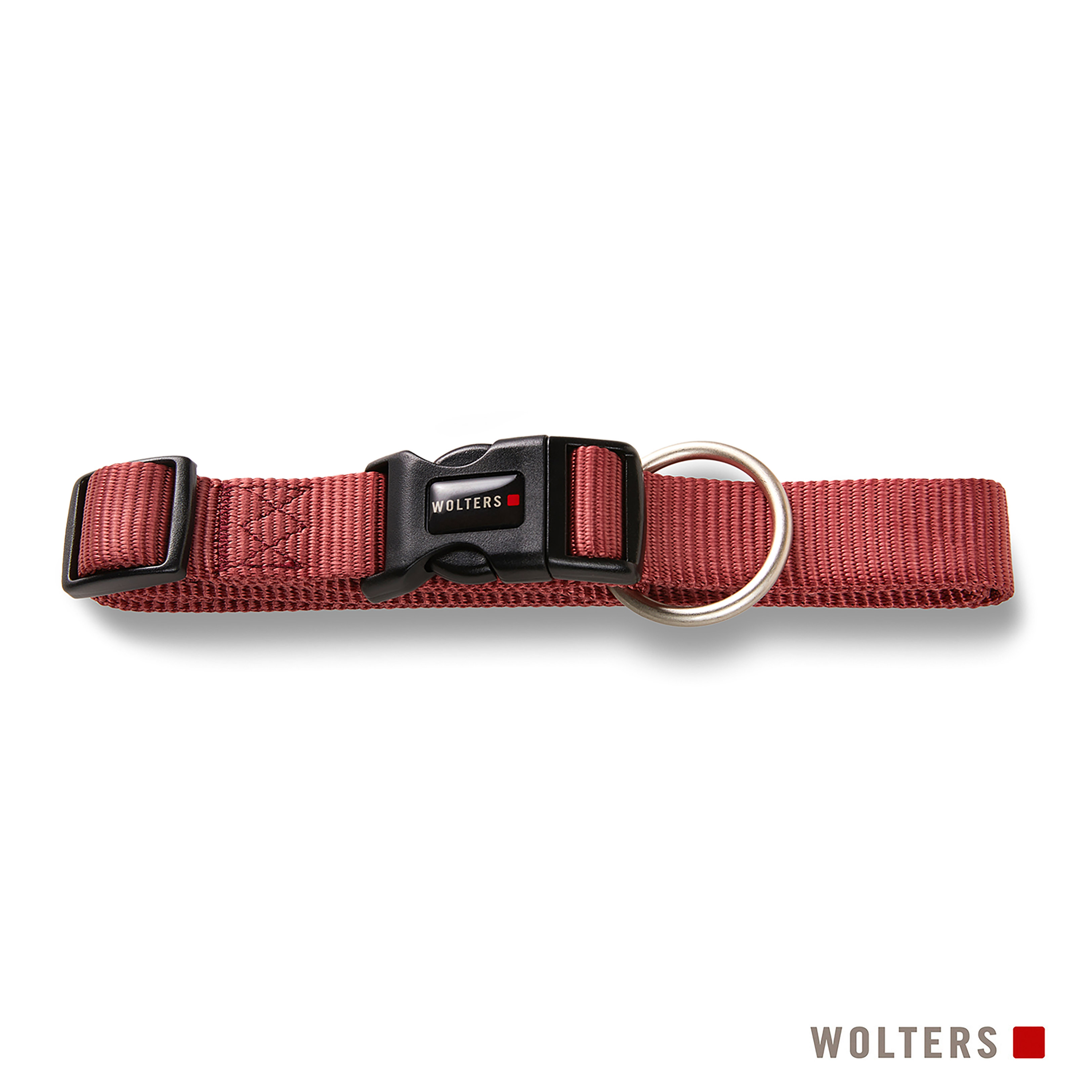 Ein rotes Hundehalsband mit schwarzer Schnalle und Metallring auf weißem Grund. Die Marke WOLTERS wird angezeigt.