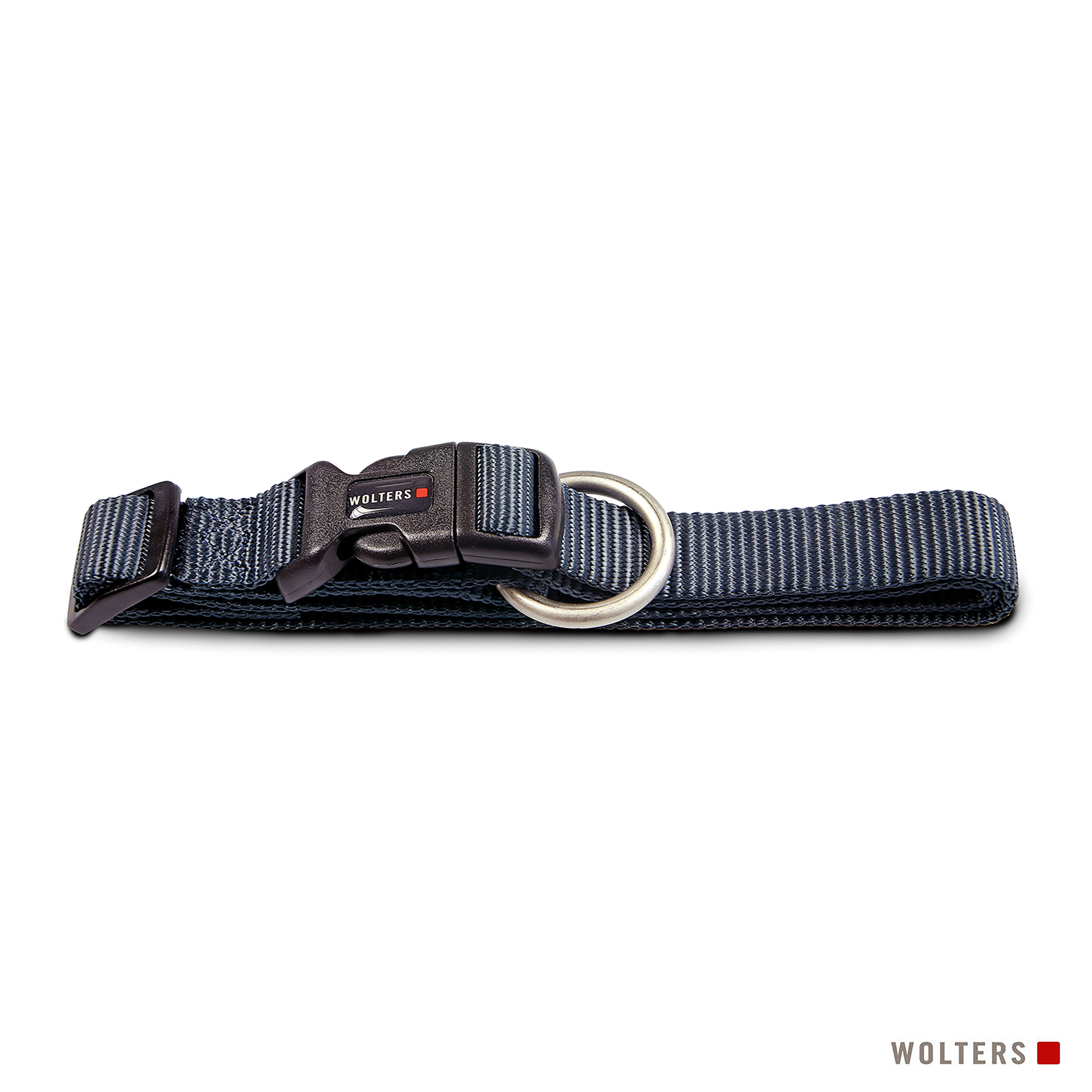 Halsband mit schwarzer Kunststoffschnalle und D-Ring. Dunkelblau mit weißem Muster, vor weißem Hintergrund.
