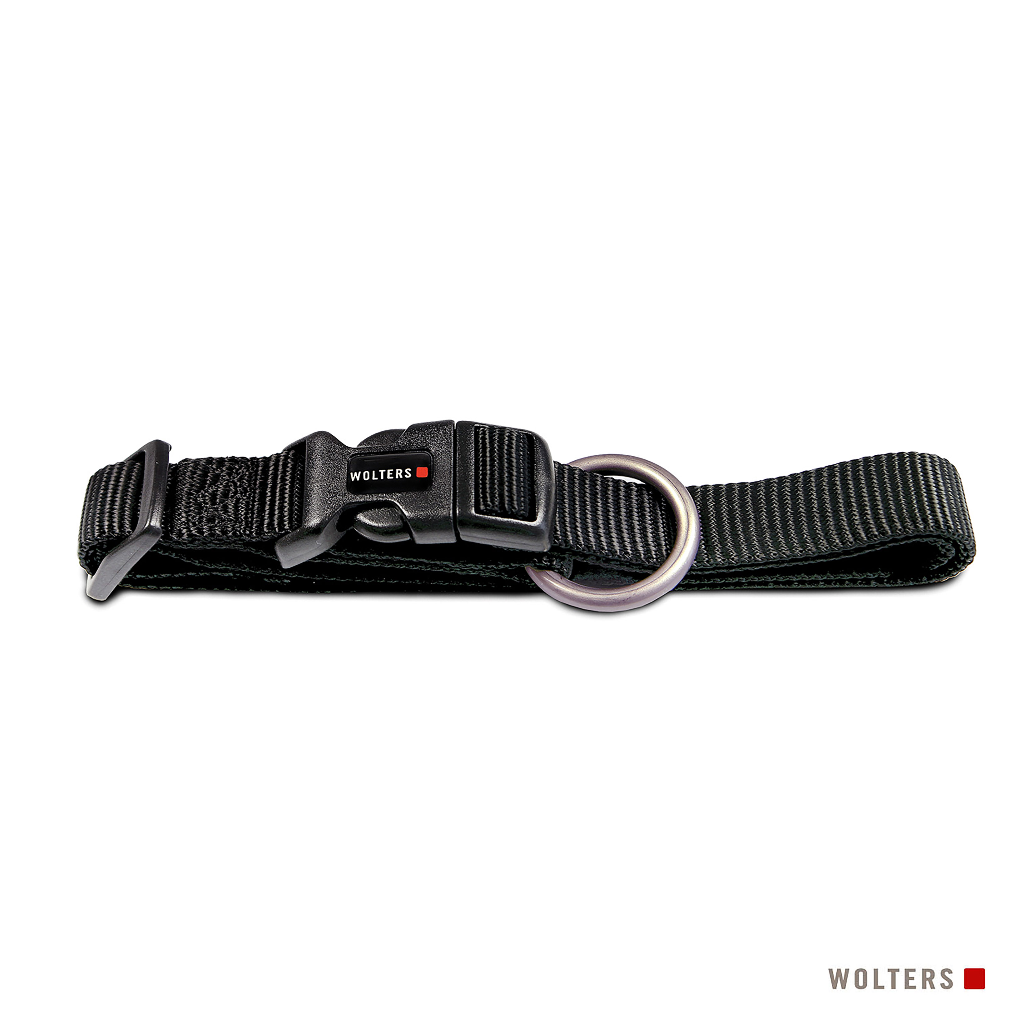 Schwarzes Hundehalsband mit Metallring und Schnalle. Der Kragen hat das 'WOLTERS'-Logo.