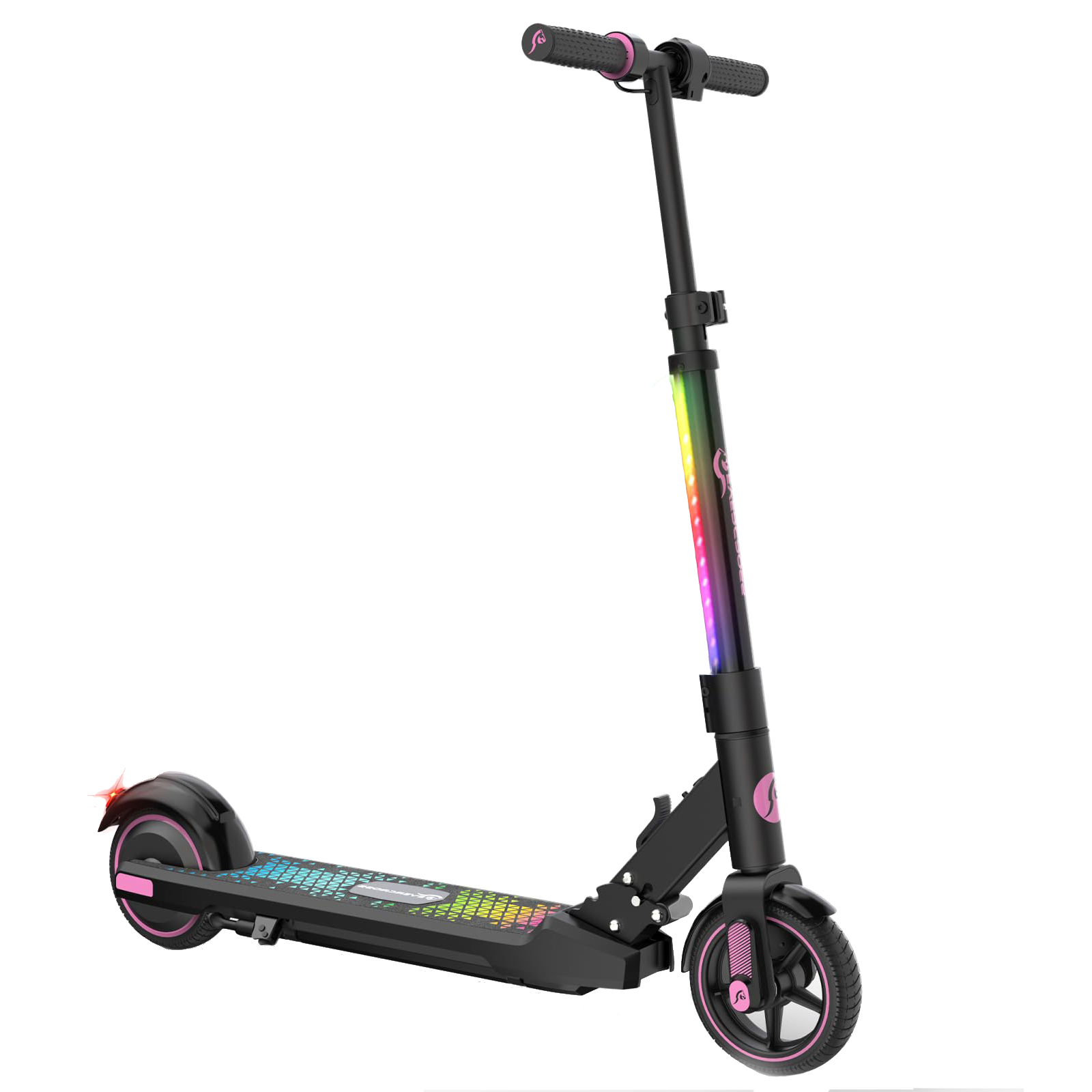 Zwarte elektrische scooter met roze accenten en kleurrijke lichten. De scooter heeft een opvouwbaar ontwerp en is geïsoleerd op een witte achtergrond.