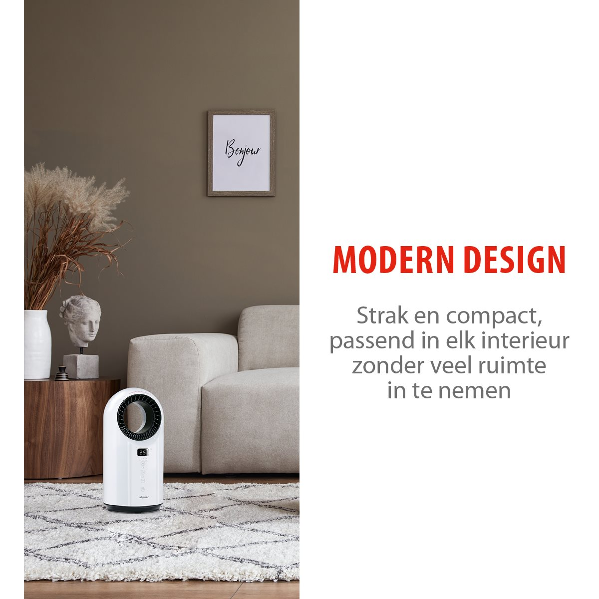 Witte luchtreiniger op een kleed. Bank, kunstwerk en decoratie op de achtergrond. Tekst: 'Modern Design'.