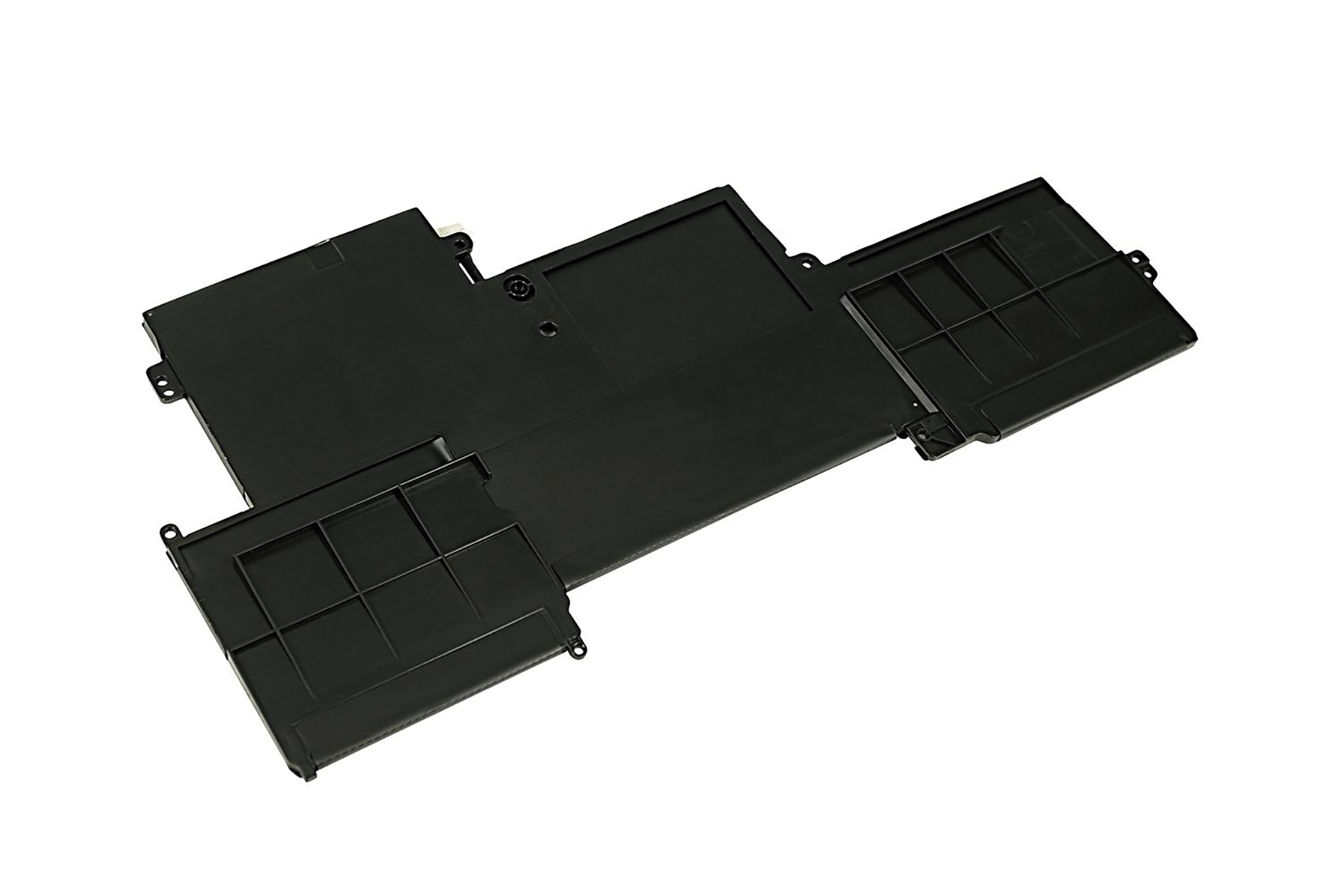 Componente batteria per laptop nero. Ha diversi scomparti ed è posizionato su sfondo bianco.