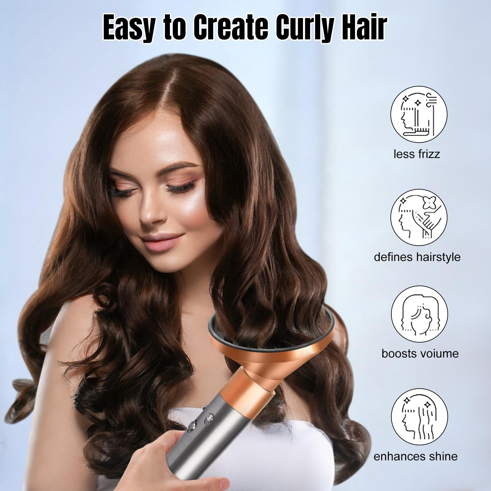 Kobieta z kręconymi brązowymi włosami, trzymająca suszarkę do włosów. Tekst brzmi 'Easy to Create Curly Hair'. Ikony pokazują mniej puszenia się, definiują fryzurę, zwiększają objętość, poprawiają połysk.