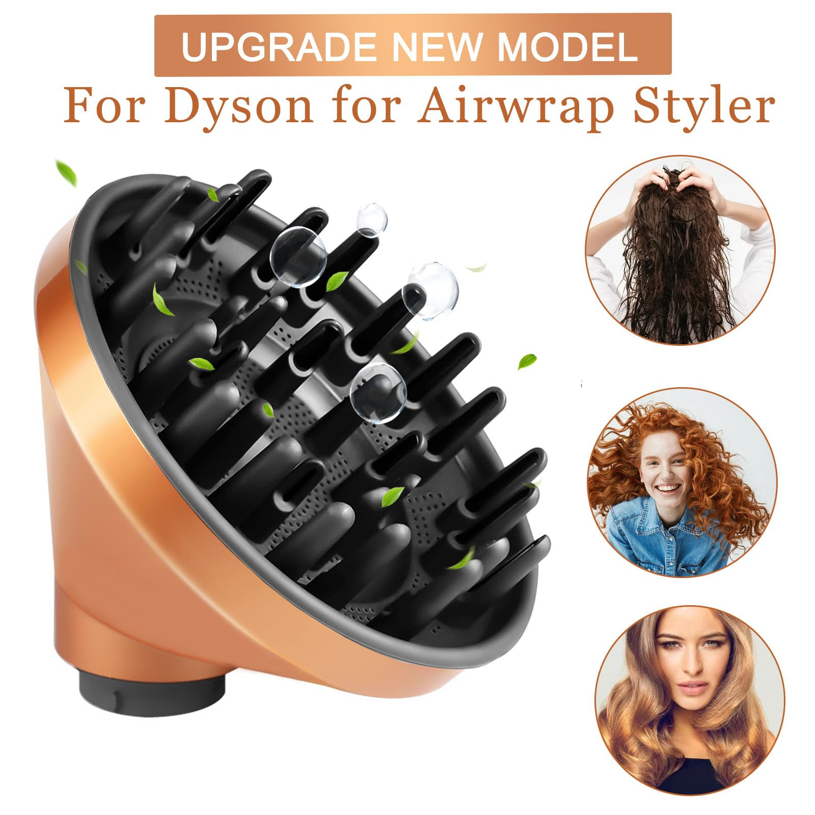 Ulepszenie do Dyson Airwrap Styler. Zawiera czarny dyfuzor i zdjęcia efektów stylizacji włosów.