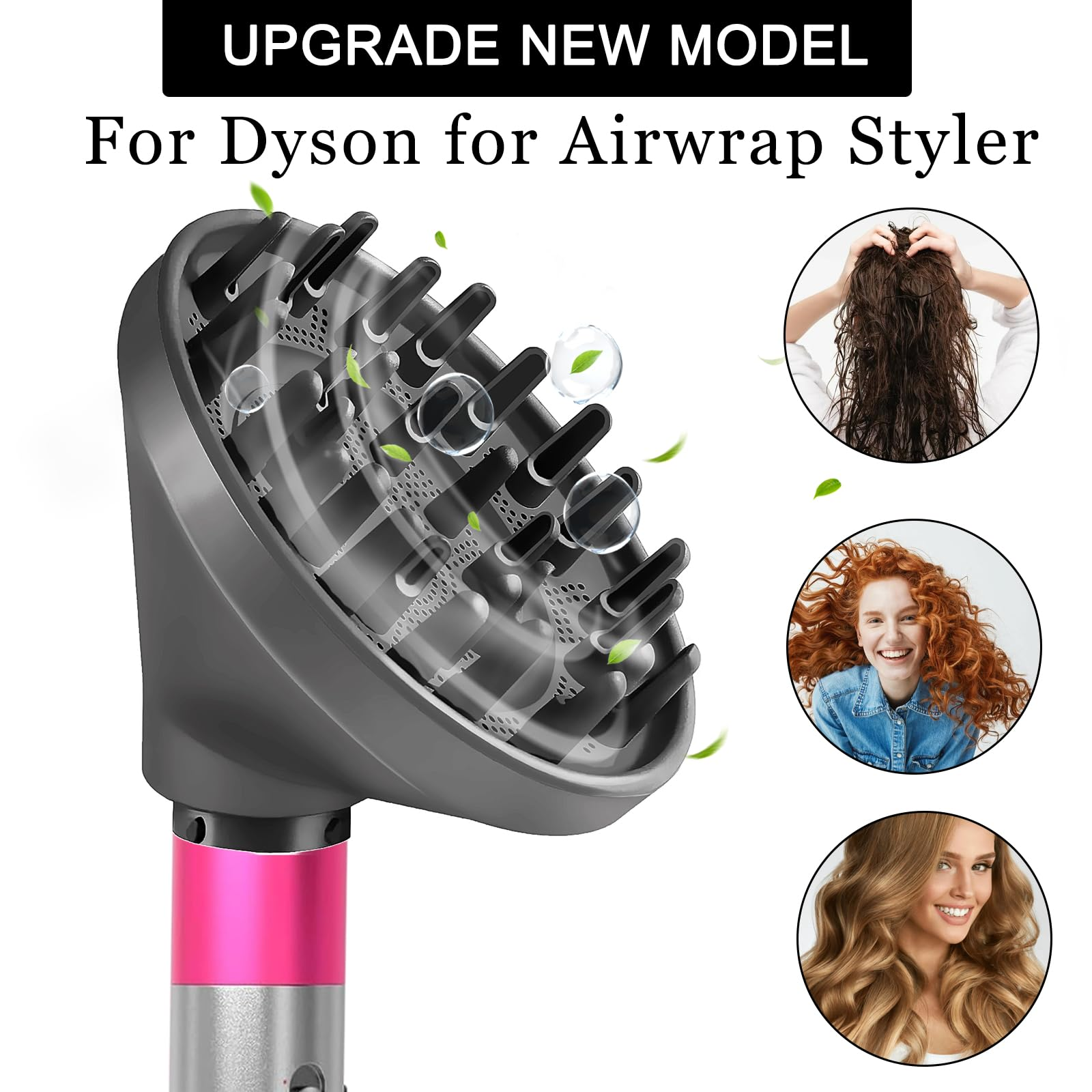 Nasada do stylera Dyson Airwrap. Zawiera zdjęcia stylizowanych włosów i szczegóły produktu. Tekst: Ulepsz nowy model.