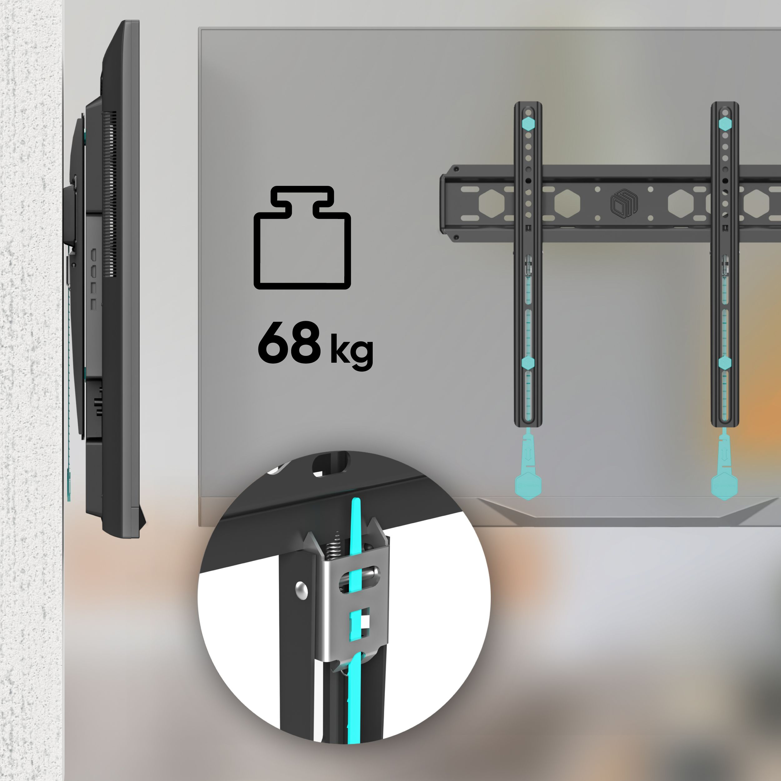 Uchwyt TV o nośności 68 kg, ze szczegółami TV i wspornika montażowego.
