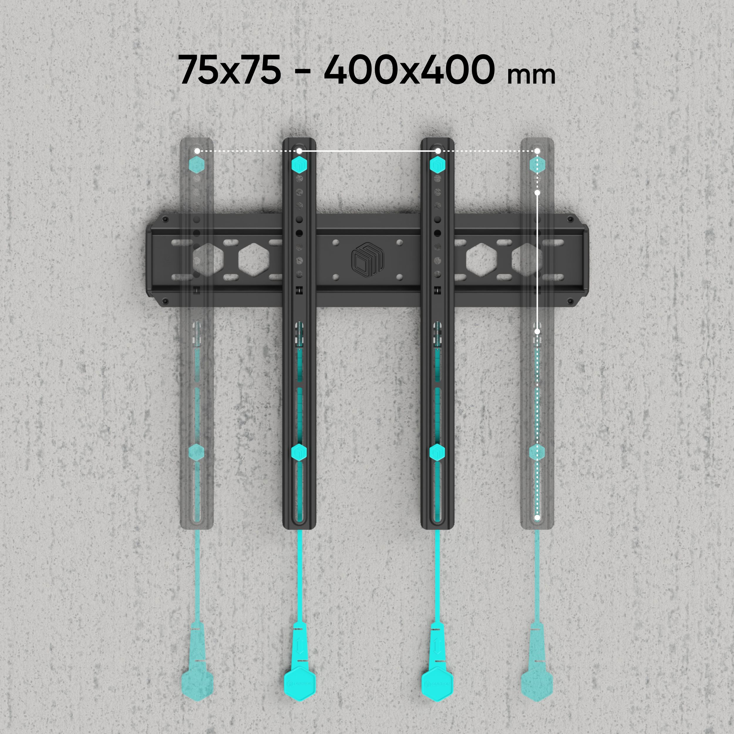 Czarny uchwyt TV na teksturowanej szarej ścianie. Posiada regulowane ramiona z turkusowymi akcentami i etykietę wymiaru.
