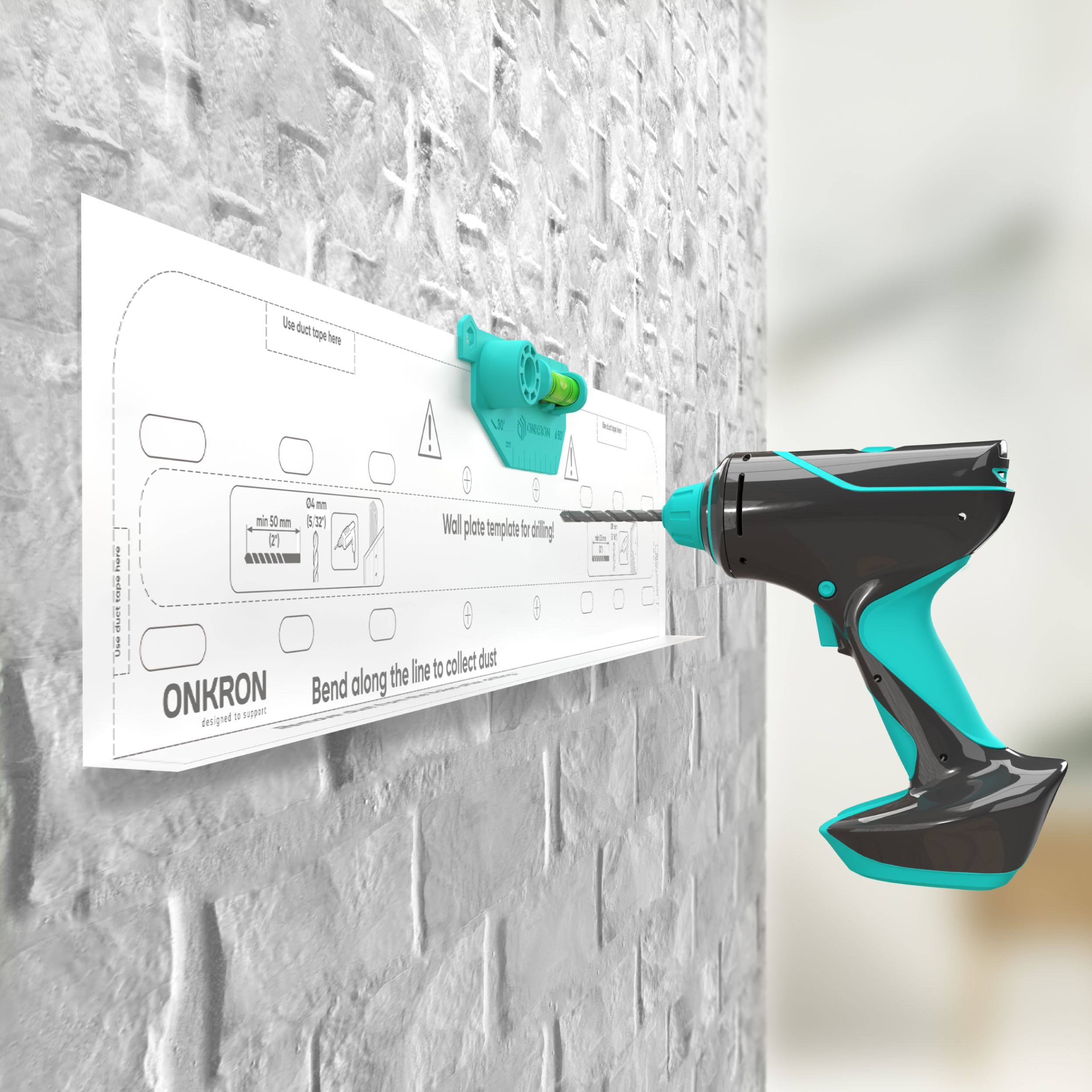 Wiertarka jest skierowana na szablon ścienny. Szablon jest biały z czarnym tekstem i przymocowany do białej ceglanej ściany.