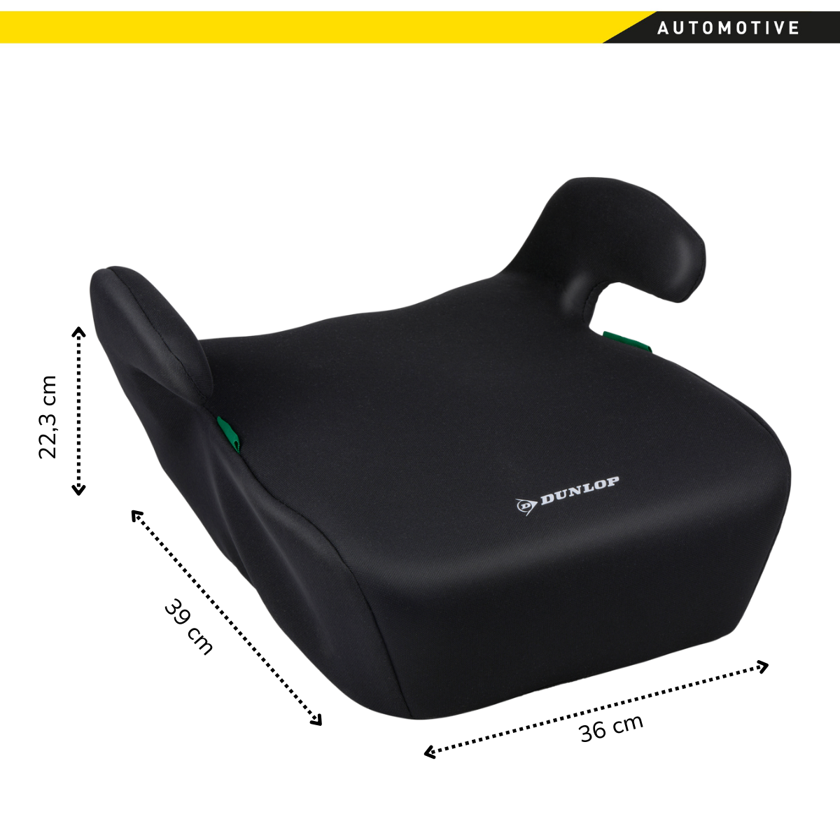 Zwarte Dunlop autostoel, 39 cm lang, 36 cm breed en 22,3 cm hoog. Automotive categorie, witte achtergrond.