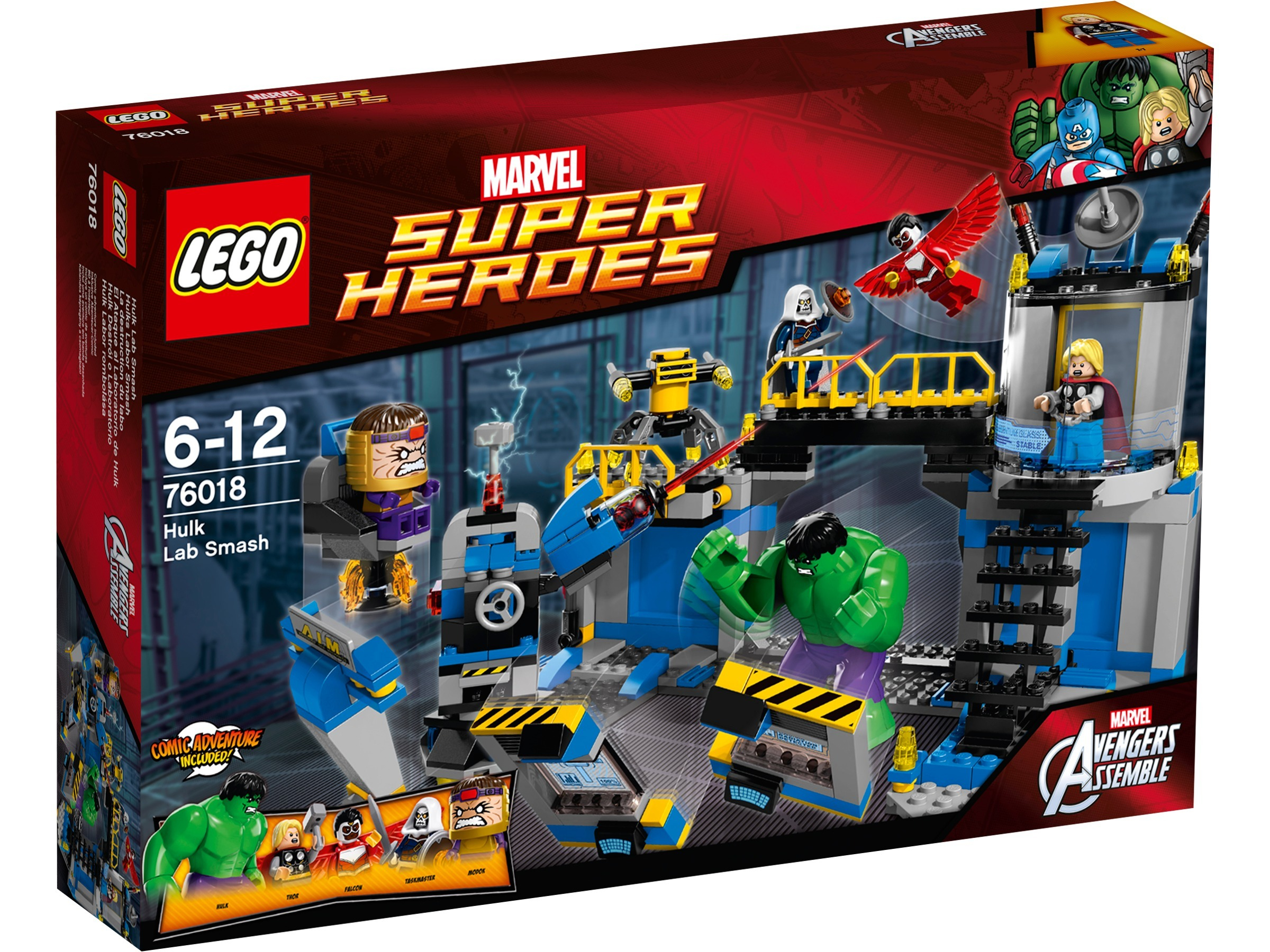 Set scatola Lego con Hulk, Thor e altri personaggi Marvel. La scena raffigura un laboratorio con varie strutture e personaggi.