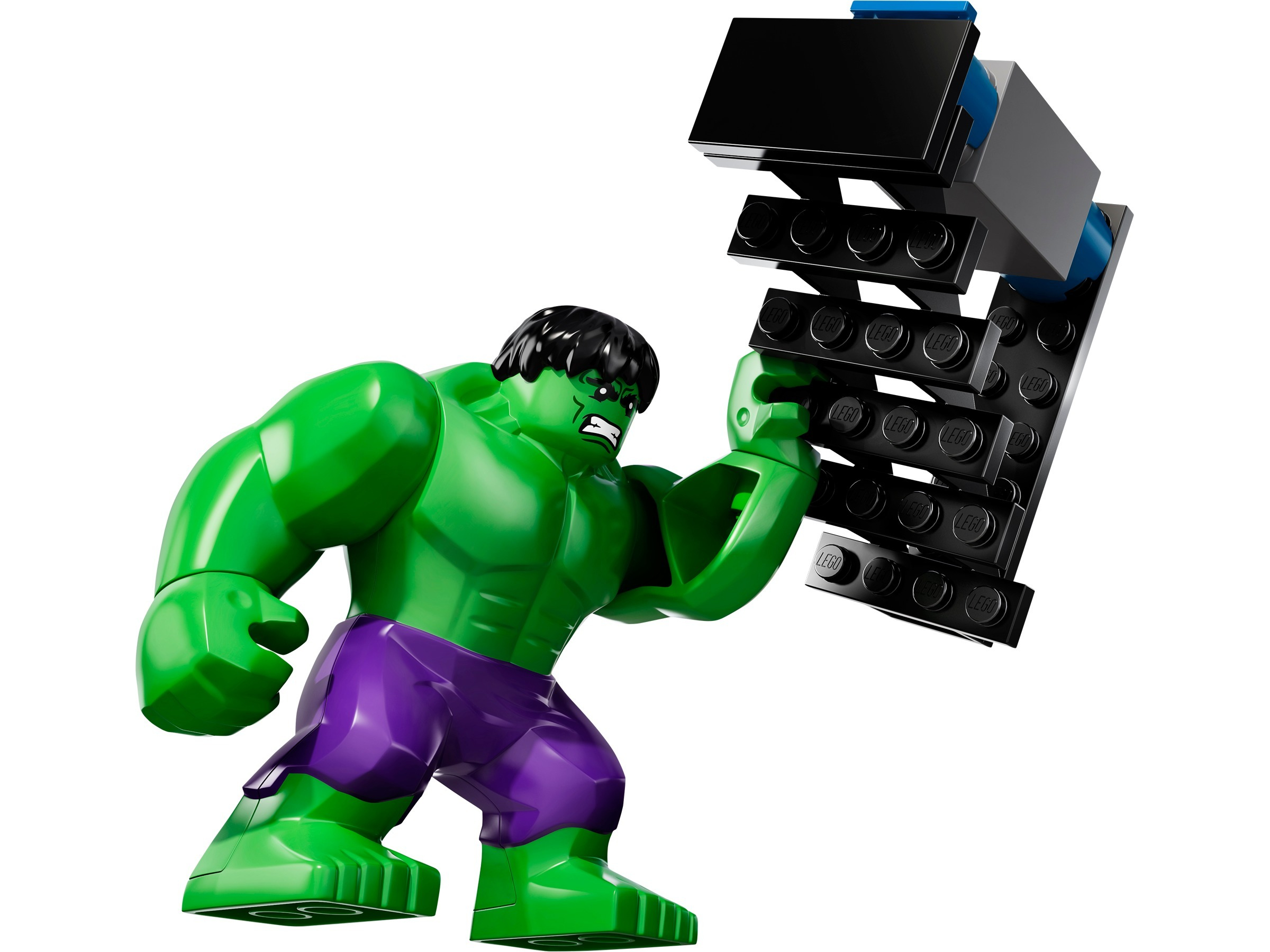 Un personaggio Lego Hulk verde e viola, che tiene in mano una costruzione Lego nera. Sfondo bianco.