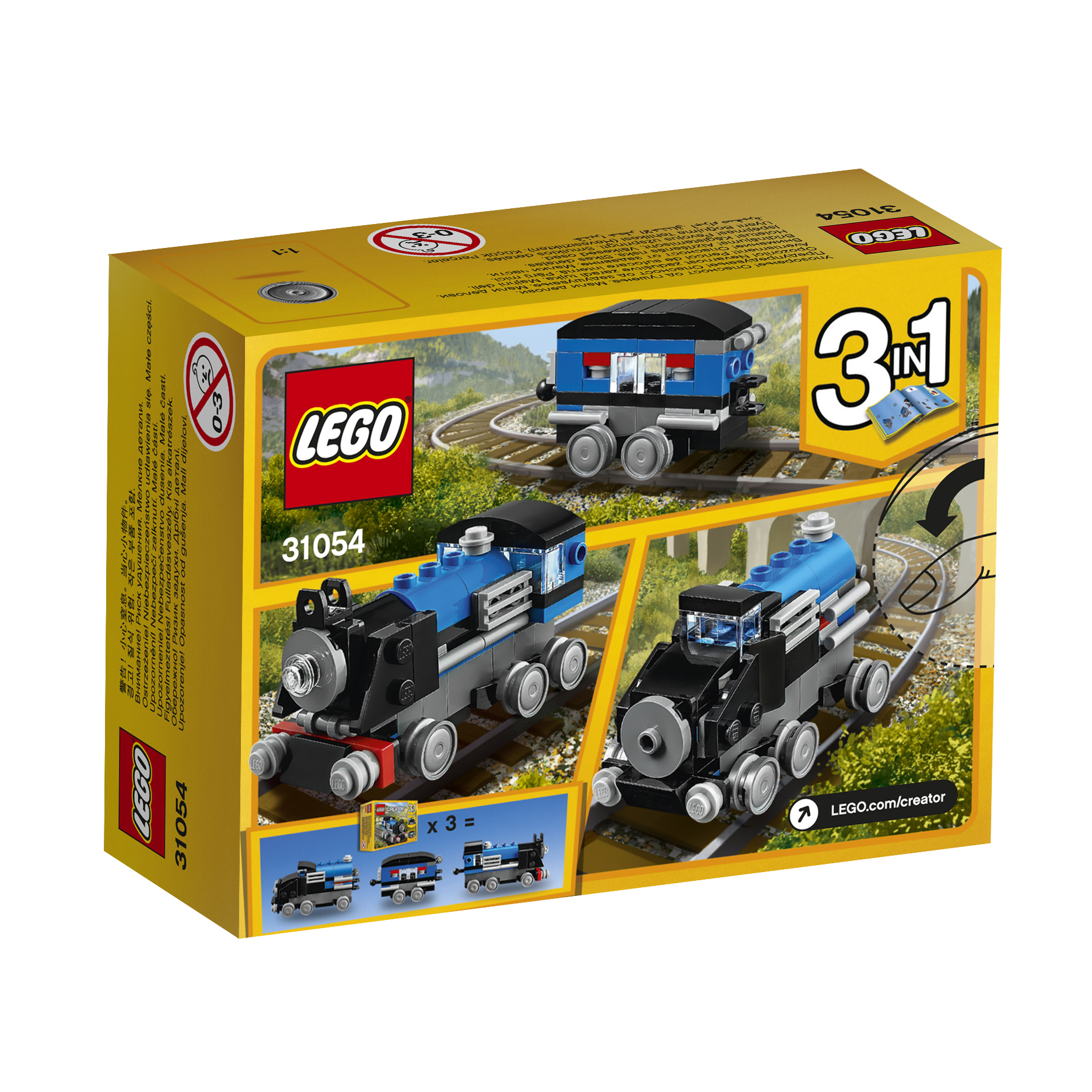 Set scatola LEGO con tre modelli di treno. La scatola è gialla con immagini dei set di treni su un binario.