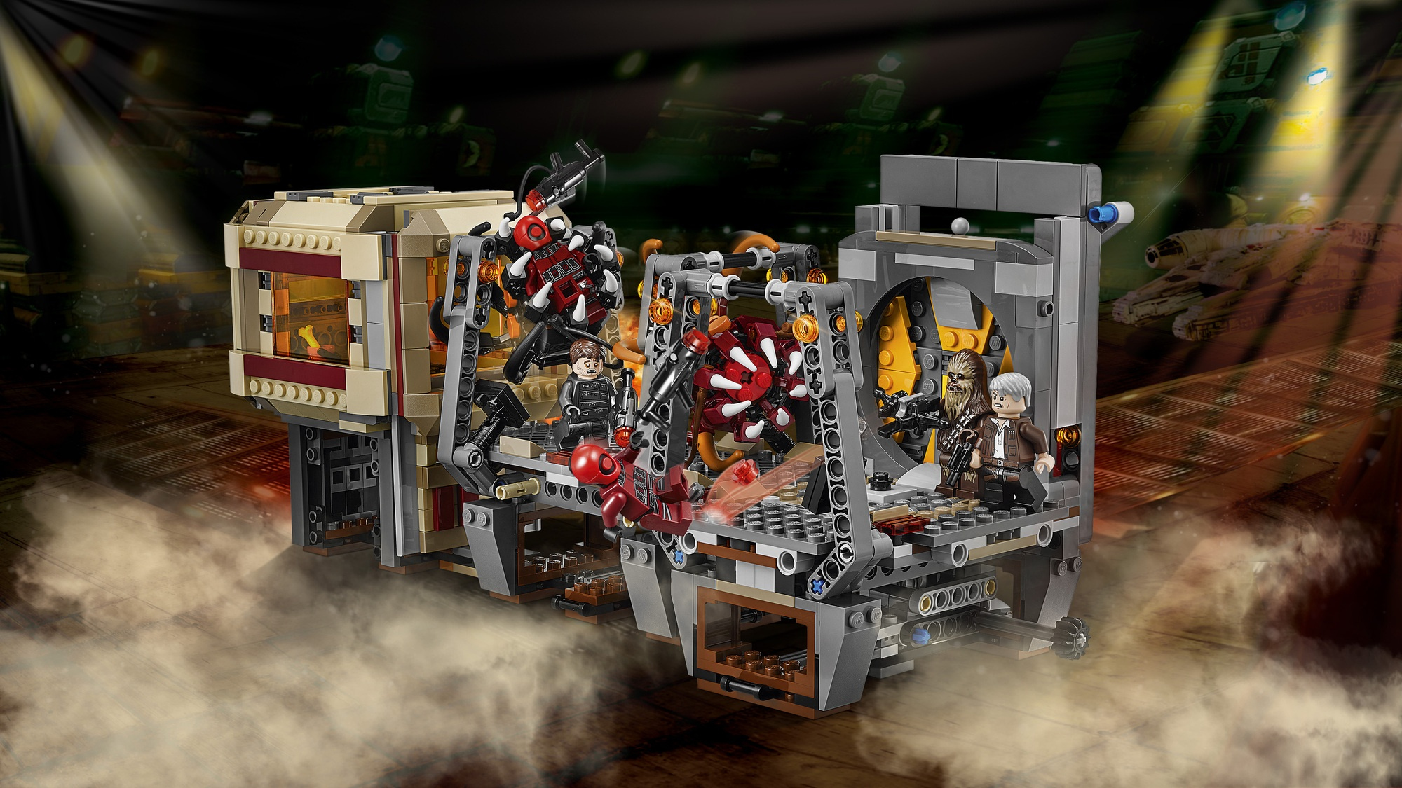 Zestaw Lego Star Wars: Han Solo, Chewbacca i inne postacie walczą z czerwonymi droidami-pająkami w szczegółowej, wielopoziomowej strukturze.