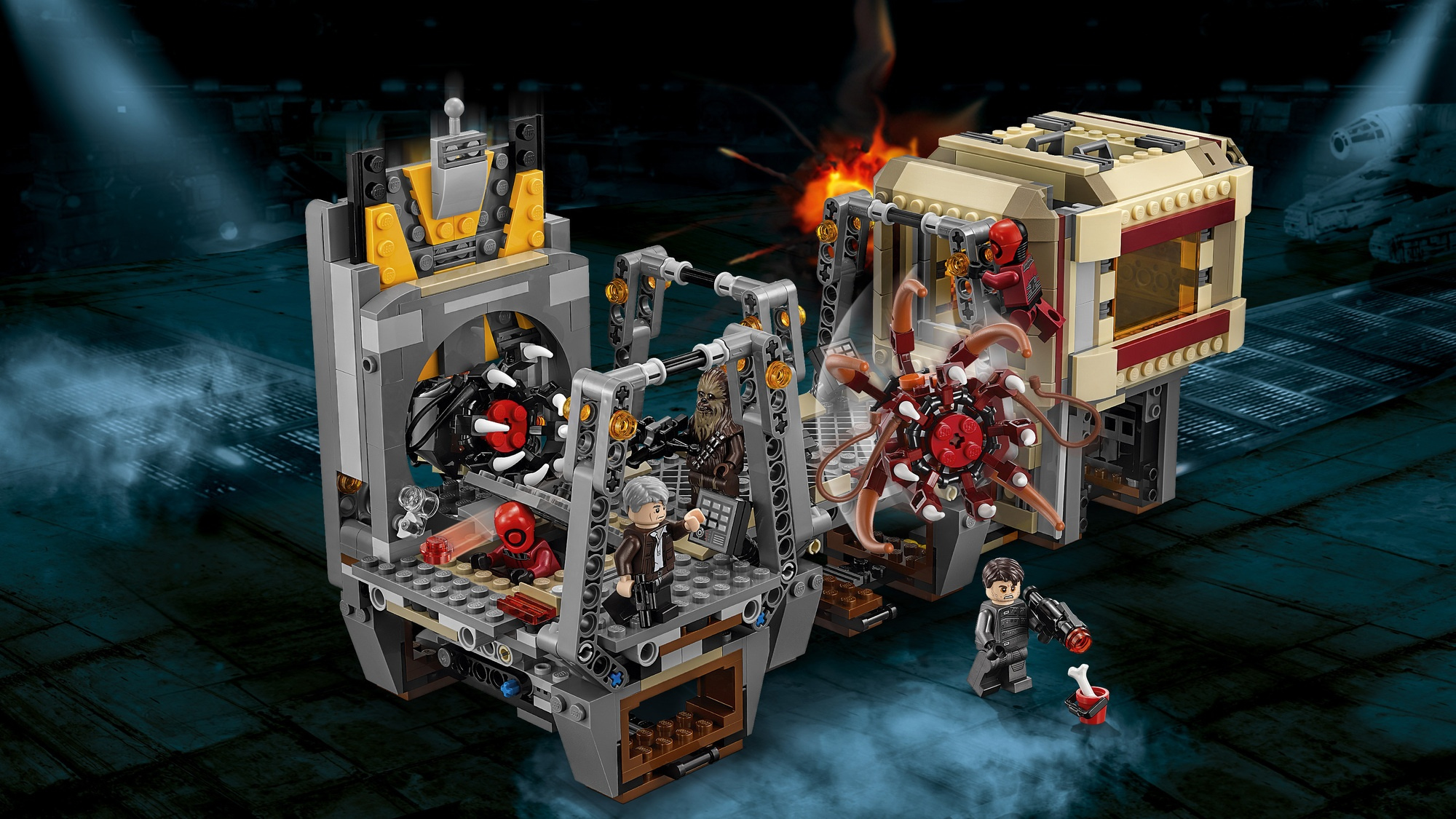 Zestaw LEGO przedstawia scenę z Gwiezdnych Wojen. Postacie, w tym Chewbacca i Han Solo, są montowane z mechanicznym pająkiem.